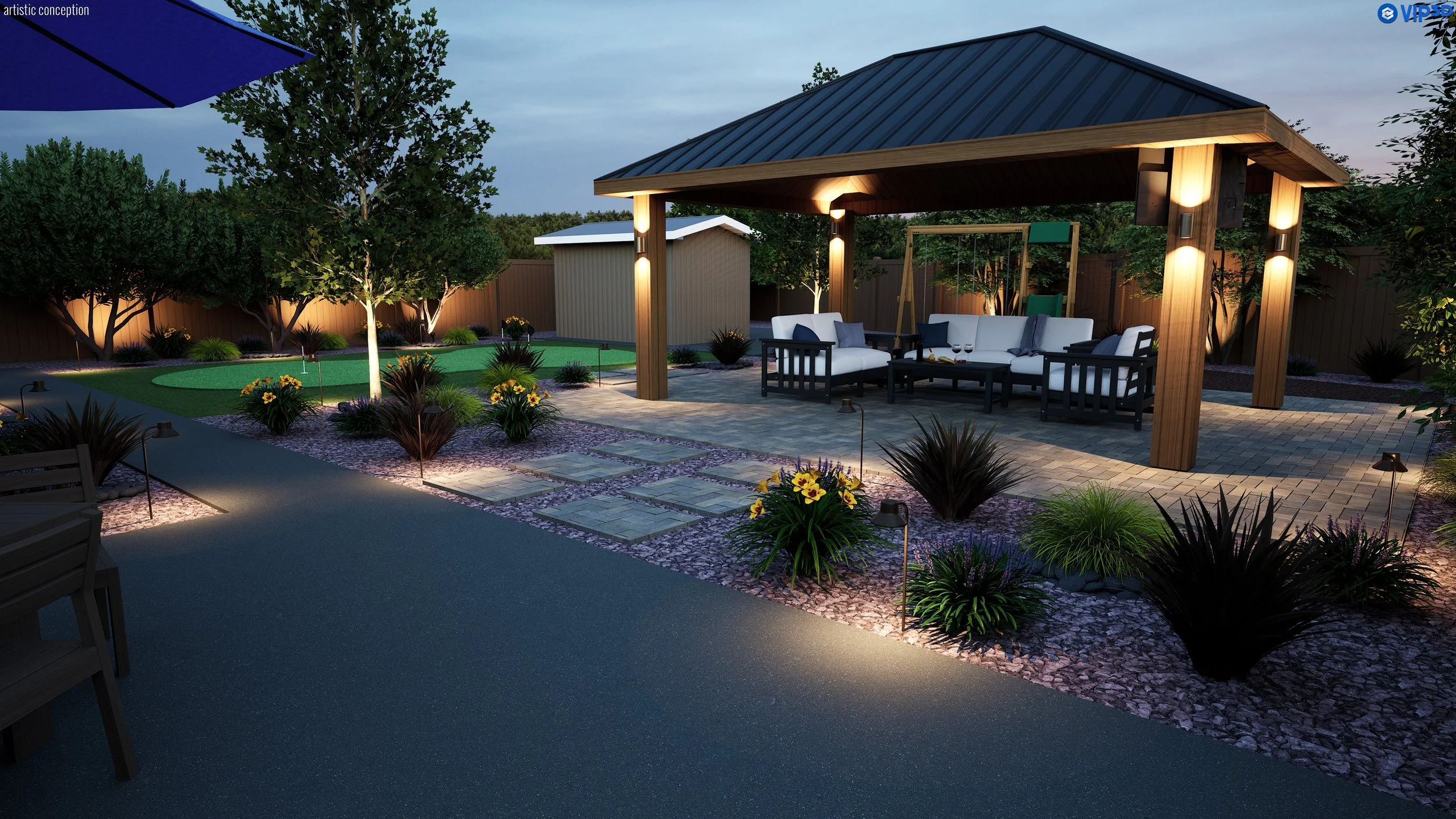 A backyard patio area at dusk with a covered seating area, outdoor furniture, landscaped garden, trees, and pathway lighting.