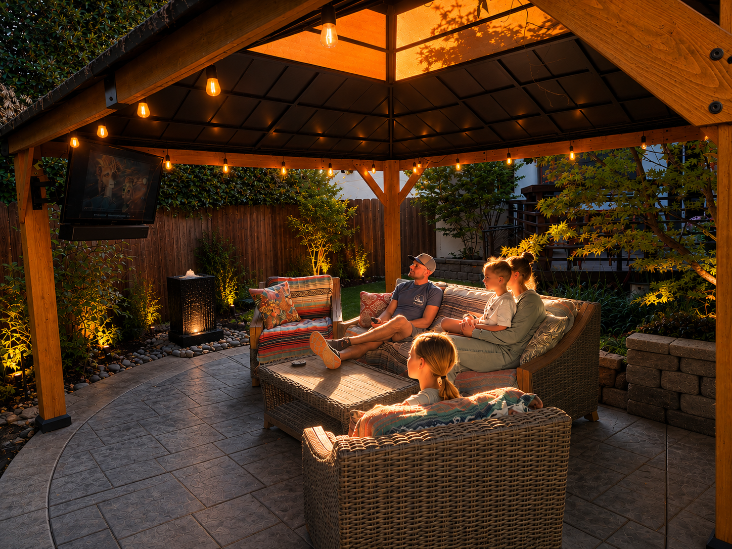 A family of four sitting on outdoor wicker couches under a wooden gazebo with string lights, watching television in a backyard at dusk.