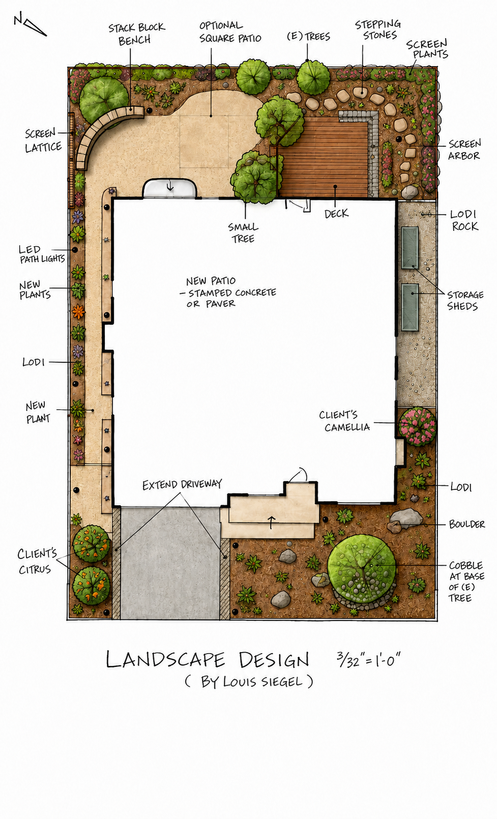 Landscape design plan featuring a house with extended driveway, various trees, plants, stones, a deck, patio, storage sheds, and decorative elements like boulders and cobble at the base of trees.