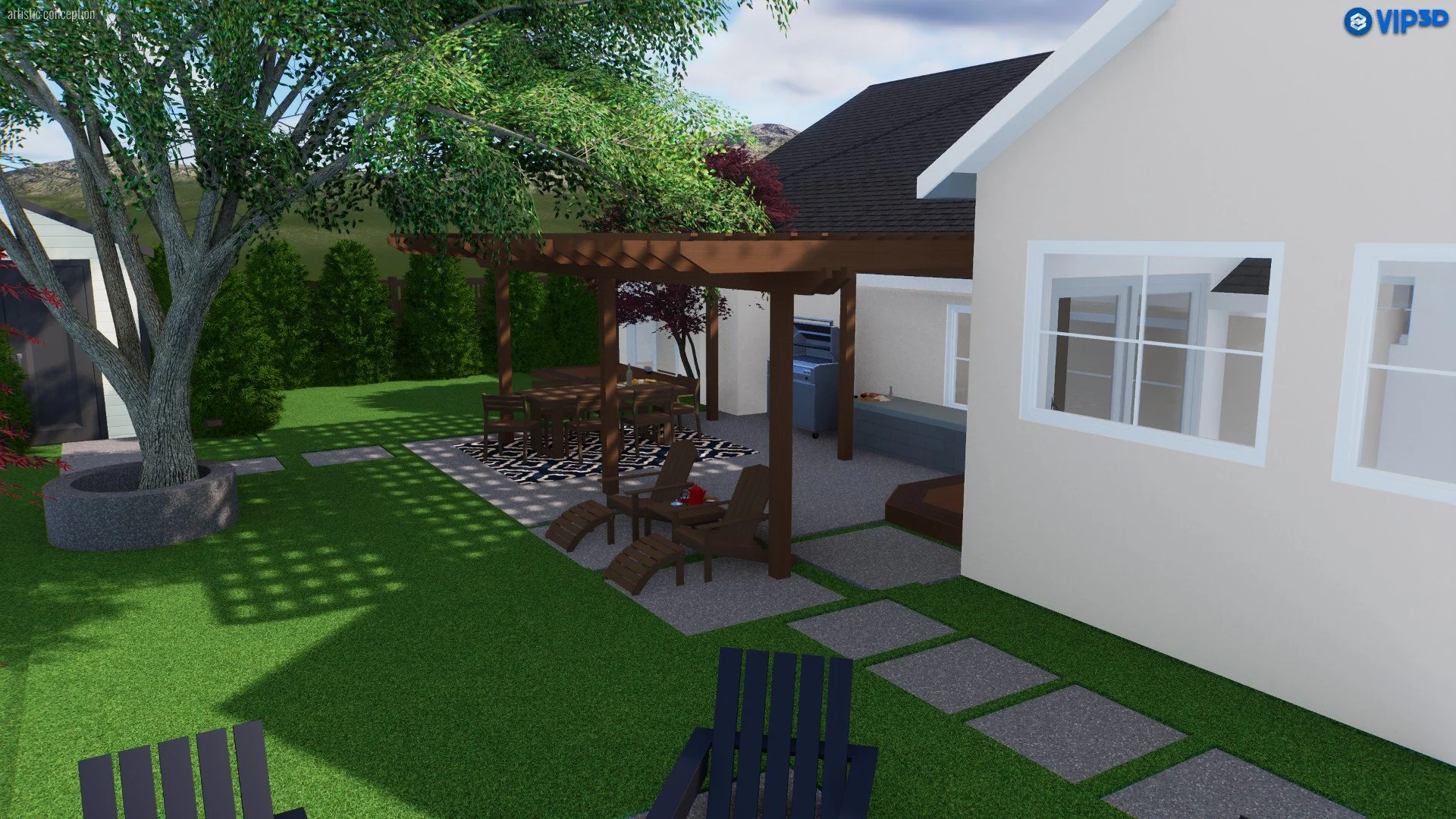 A backyard patio area with a large tree, green lawn, outdoor dining table with chairs under a wooden pergola, two lounge chairs, a grill, and a white house with a window. There are stepping stones on the grass and a patterned outdoor rug.