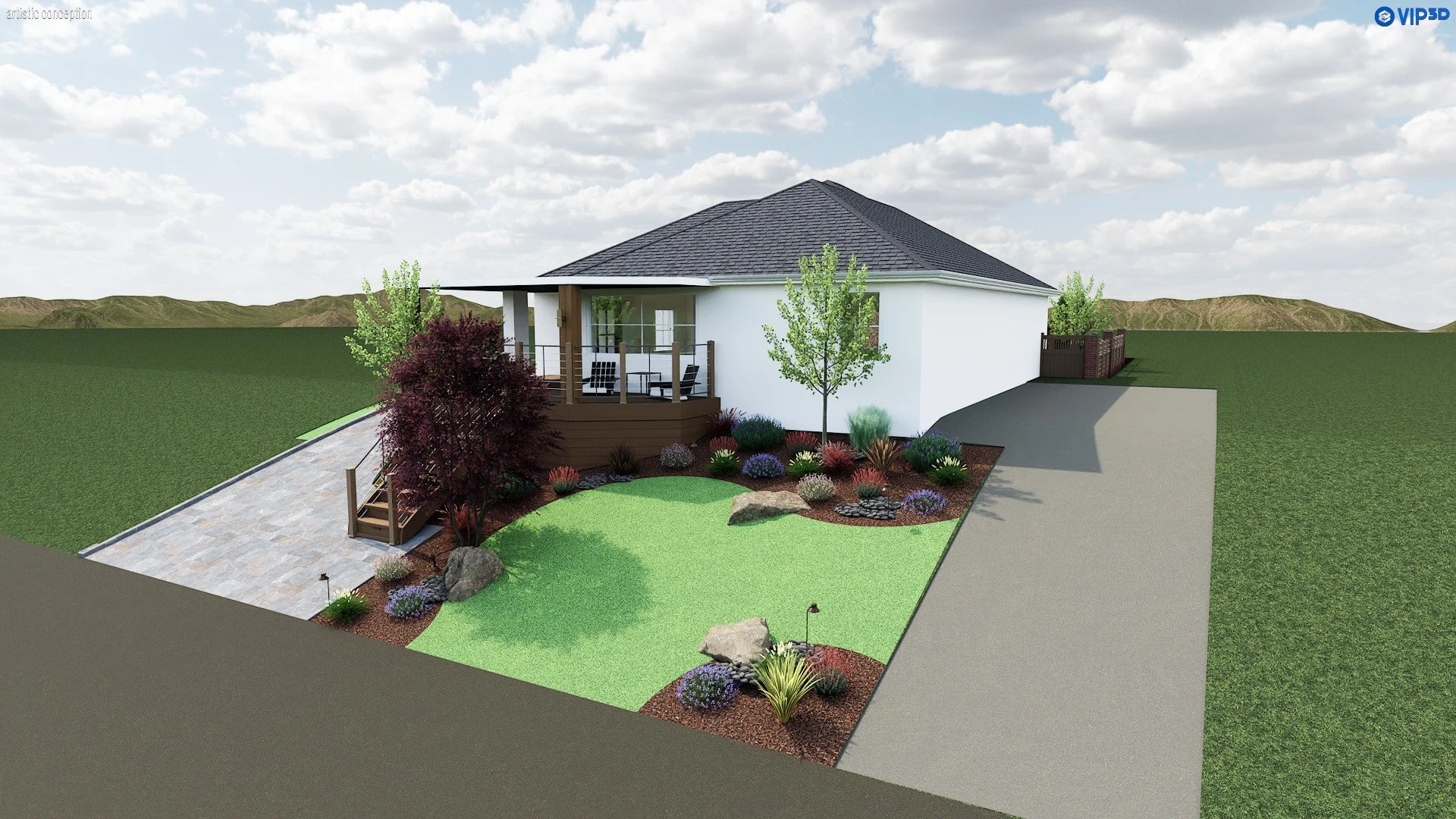 3D outdoor living design in San Ramon, CA with patio, pergola, and built-in BBQ area. 