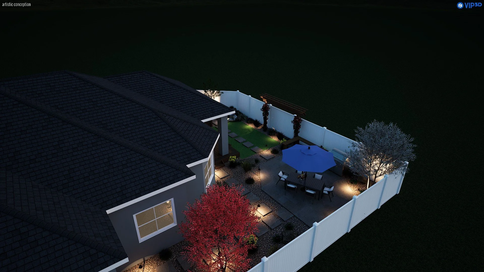 Compact outdoor living design with turf, pavers, planting, and modern low-maintenance features.