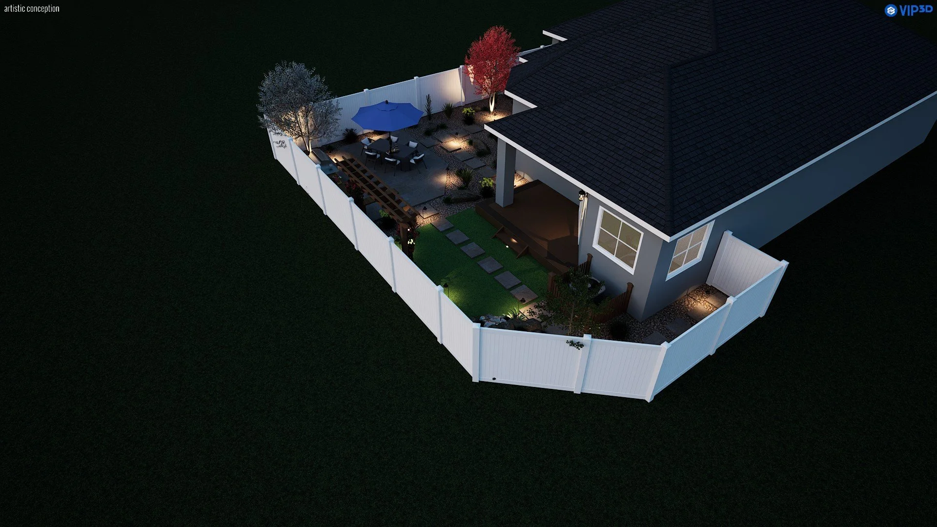 3D townhome backyard design in Alamo, CA with patio space, planting, and outdoor lighting. 