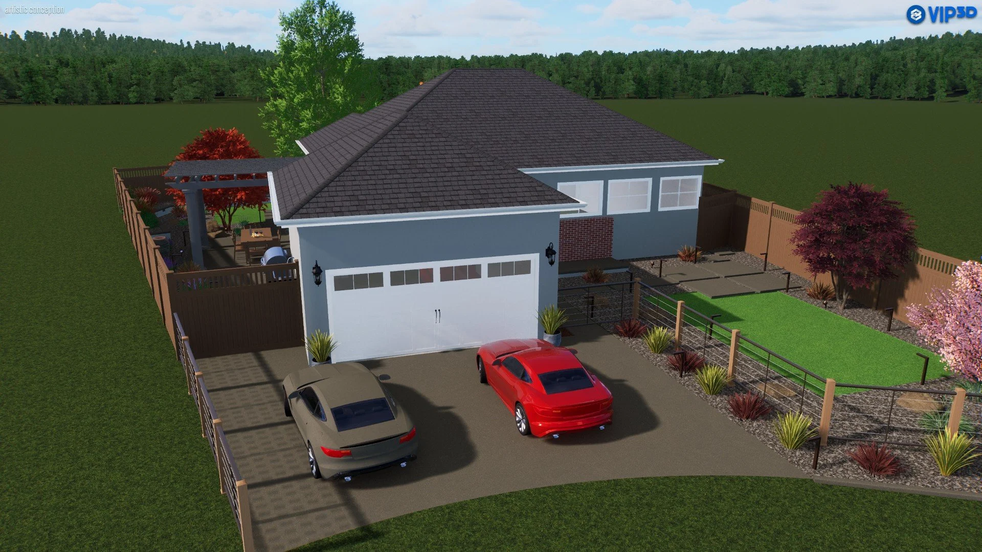 A modern two-story house with a gray exterior, black shingle roof, and attached garage. The front yard has a paved driveway with two cars, landscaped with plants and bushes, and a fenced backyard with trees and outdoor seating. Surrounding green fiel