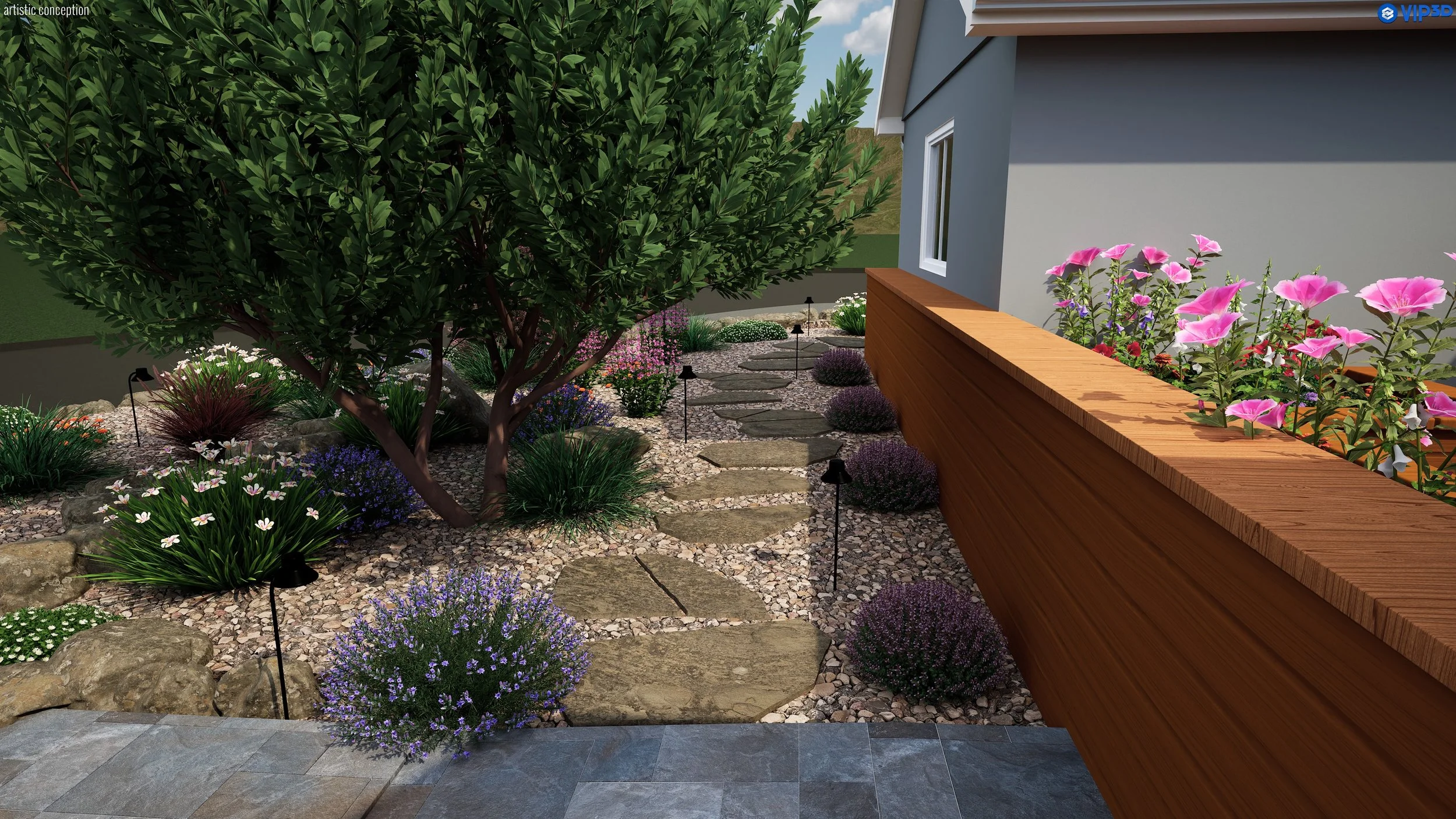 A landscaped backyard with a stone pathway, various flowering plants, a lush green tree, and part of a gray house with wooden trim and small window.