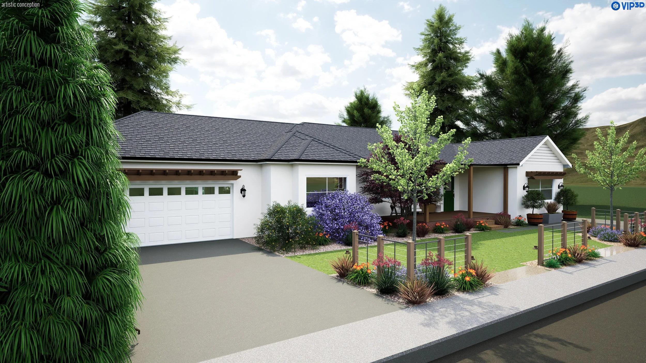 A modern single-story house with a dark shingle roof, white exterior walls, and a small front porch surrounded by colorful flowers and green trees, with a driveway leading to an integrated garage.