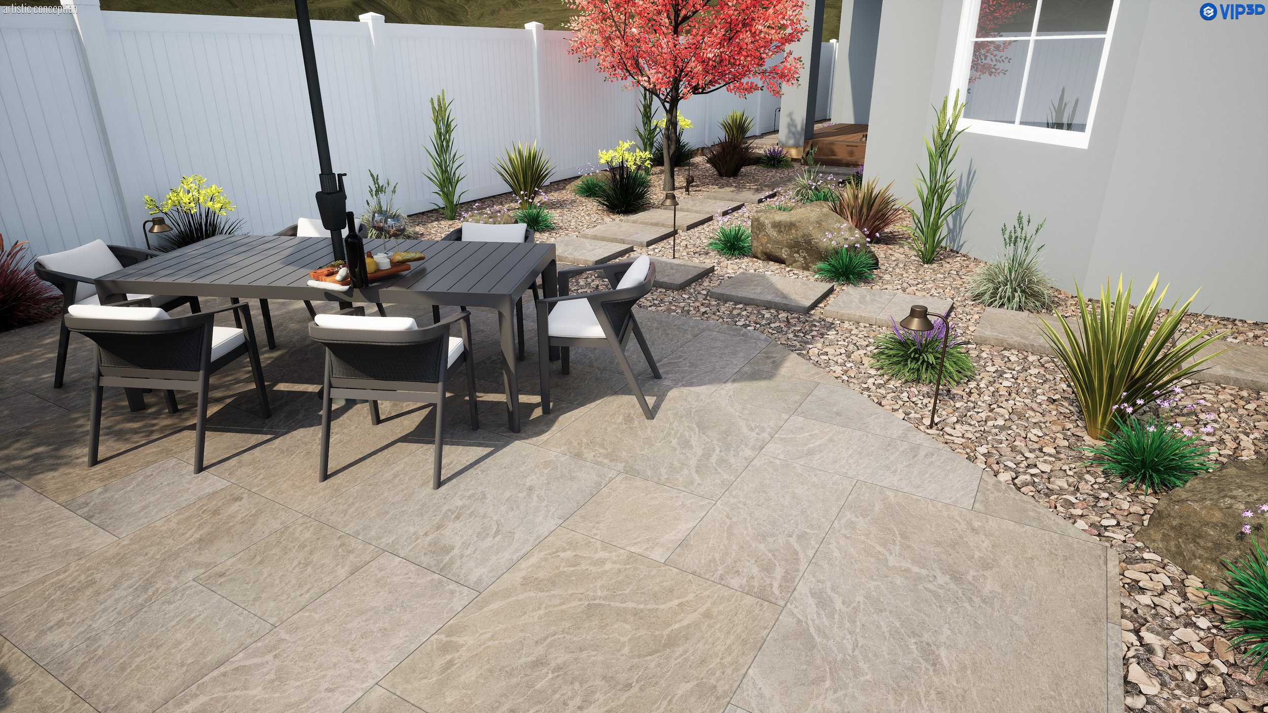 A backyard patio with a black dining table and six matching chairs with white cushions, a parasol, and a raised garden bed with small trees, flowering plants, and rocks, enclosed by a white privacy fence.