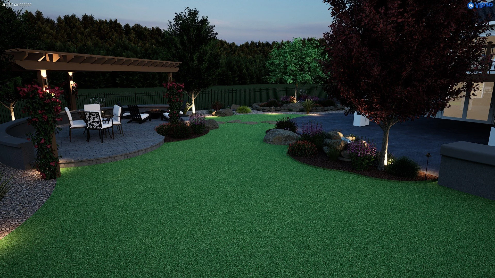 3D estate landscape plan with turf, planting beds, hardscape, ADU layout, and expansive backyard design