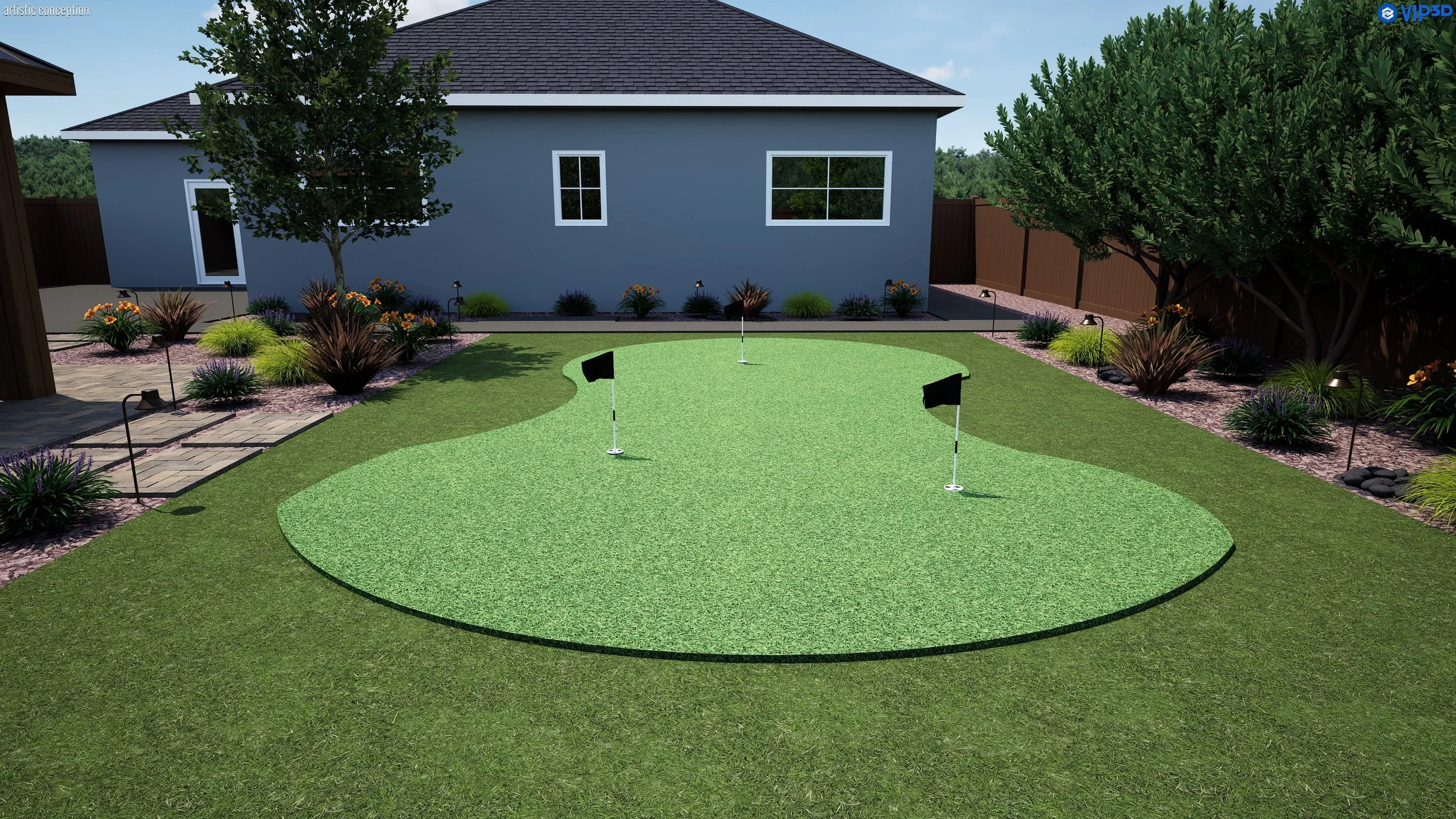 Backyard with a putting green, three holes with flags, surrounded by landscaped flower beds with various plants and small lights, a large tree, and a blue house with white-framed windows and a dark roof.