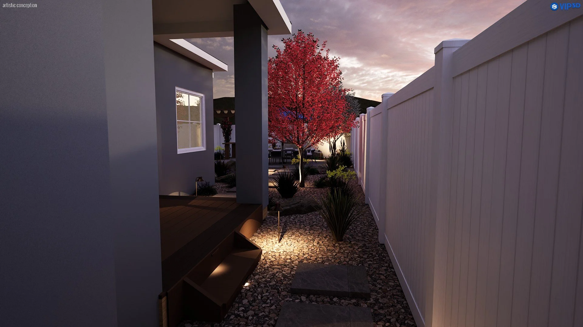 Night time townhome backyard rendering with lighting, patio area, and clean modern landscape layout