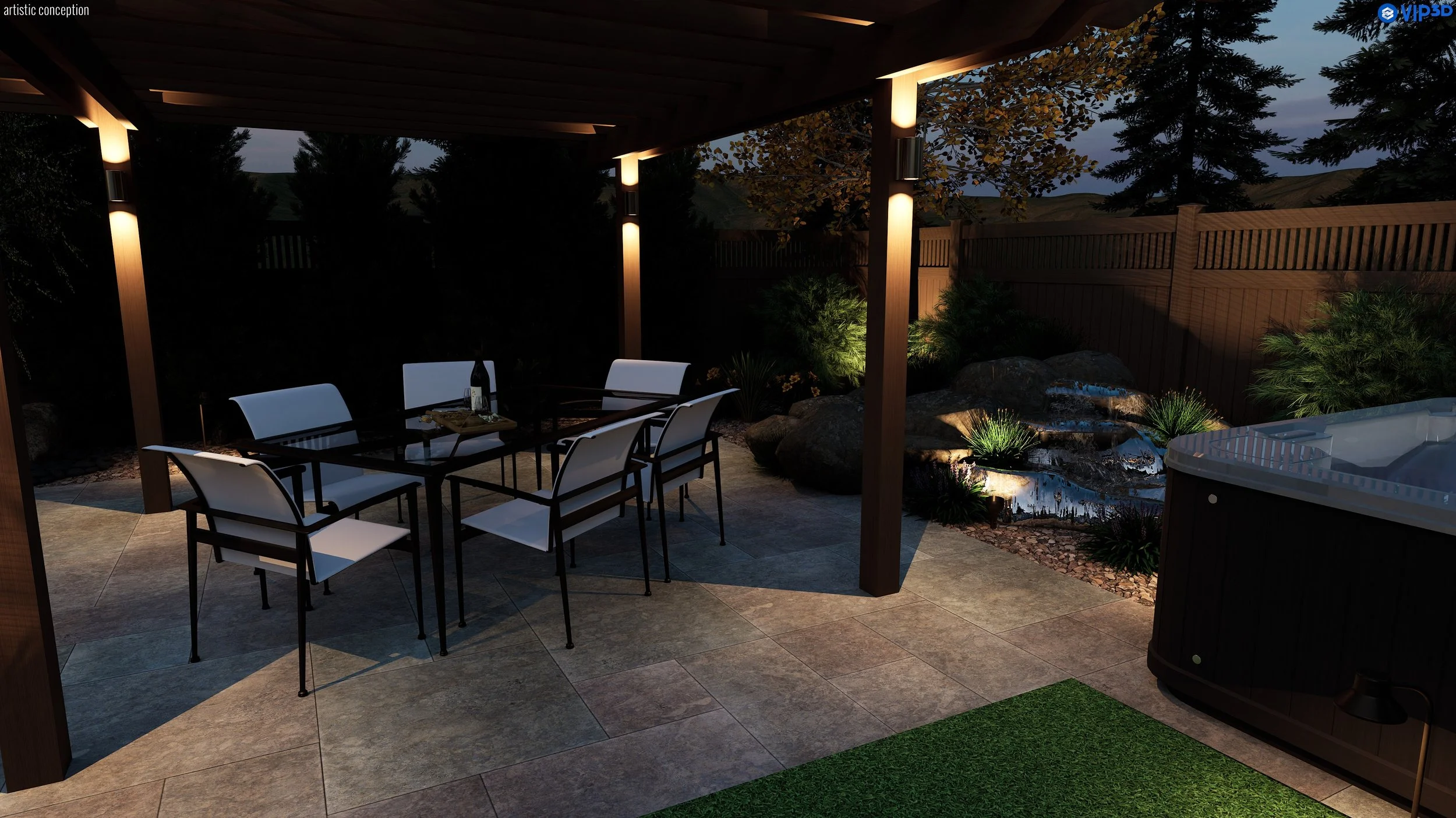 An outdoor patio with a dining table and six white chairs under a wooden pergola. The patio has large stone tiles and is surrounded by trees and a wooden fence. There are exterior lights on the pergola columns, and a hot tub is partially visible on t