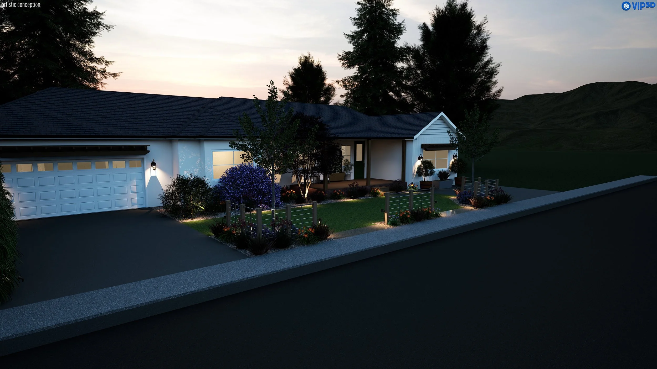A modern house with a white exterior and black roof, illuminated by outdoor lighting at dusk. The front yard has a well-kept lawn, decorative plants, and trees, with a driveway leading to a garage on the left.