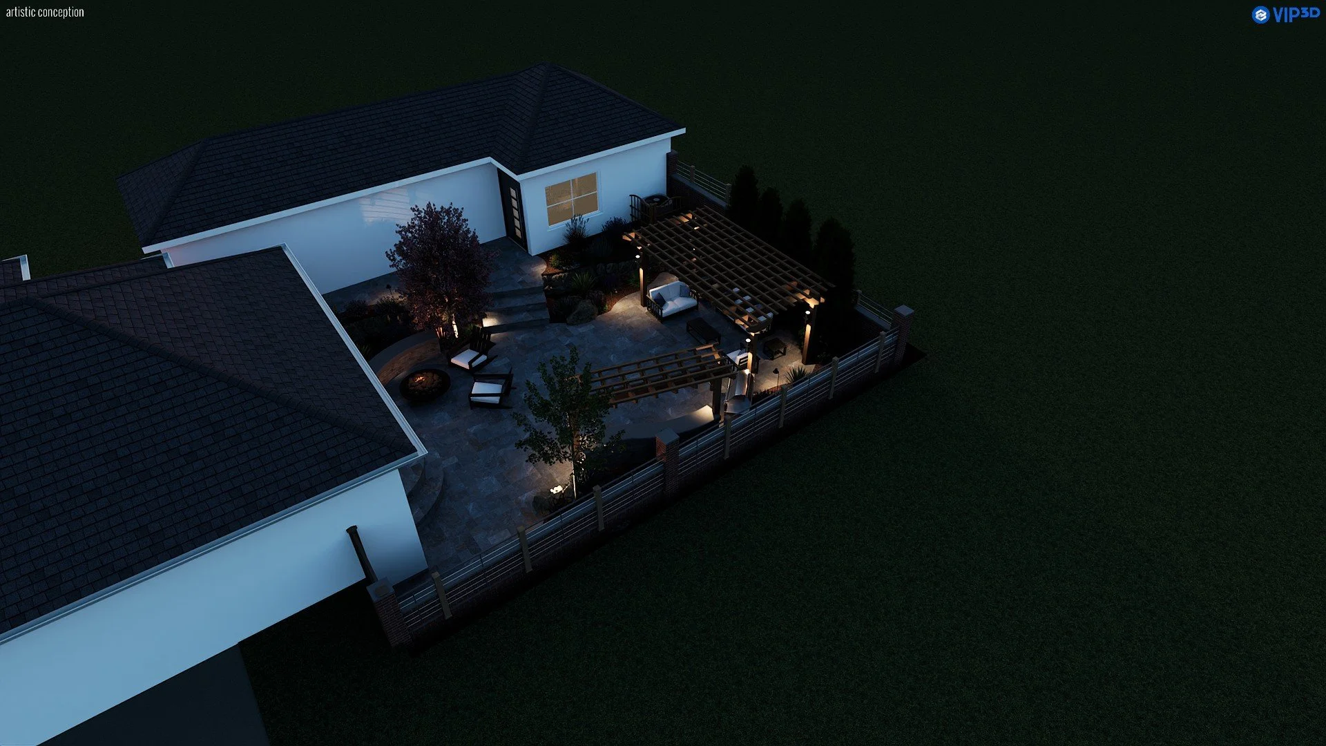 Night time backyard rendering with patio seating, BBQ area, turf, and landscape lighting. 