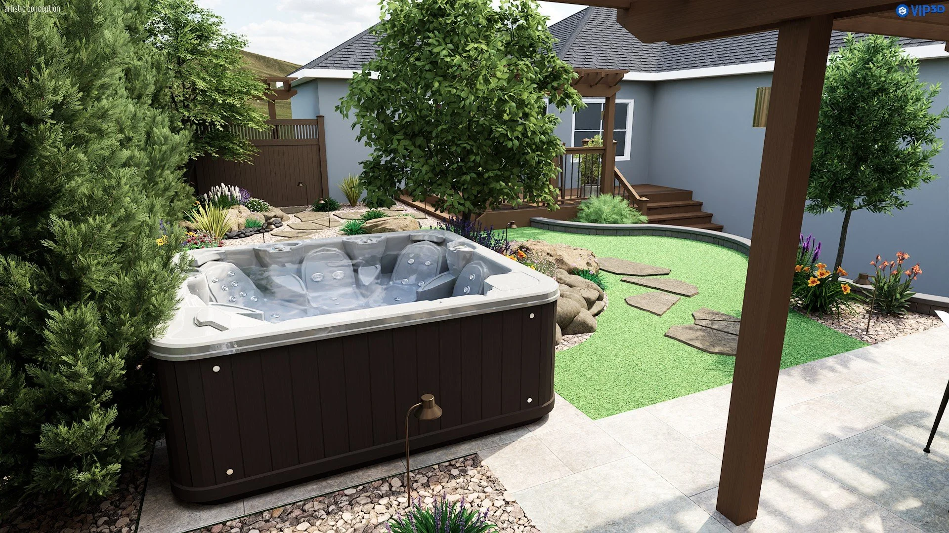 Dublin backyard design with decorative rock, turf, planting, wood accents, and landscape lighting. 