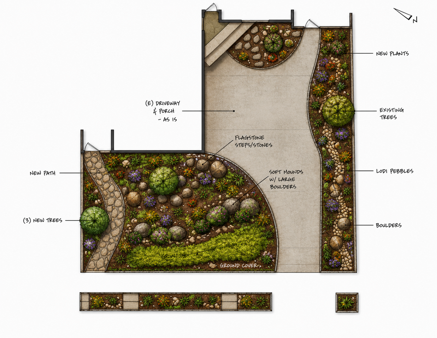 Landscape design plan for a yard with new plants, existing trees, a driveway and porch area, flagstone steps, ground cover, boulders, and a path with various plants and rocks.