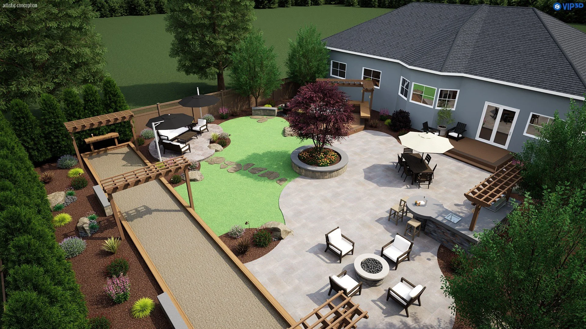 Rustic backyard 3D landscape design in Castro Valley, CA with turf, patio, and outdoor dining