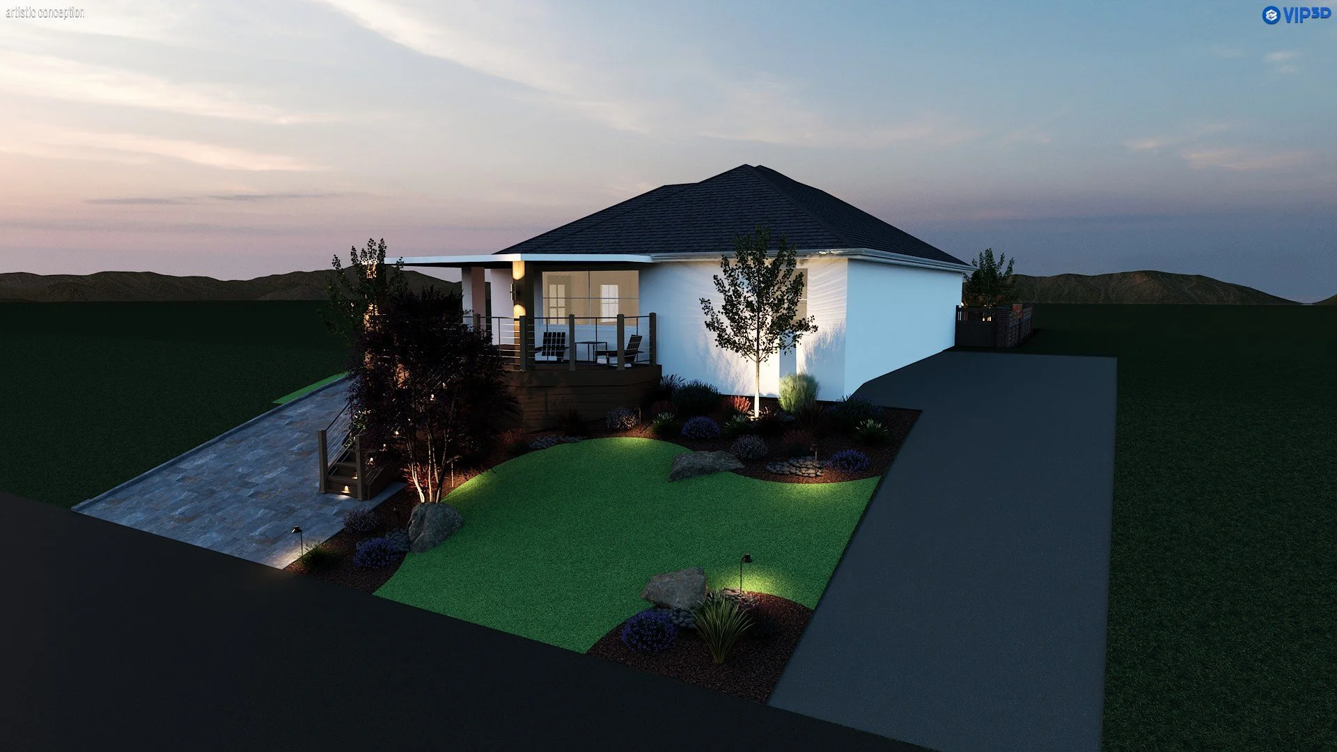 Night time backyard rendering with patio seating, BBQ area, turf, and landscape lighting
