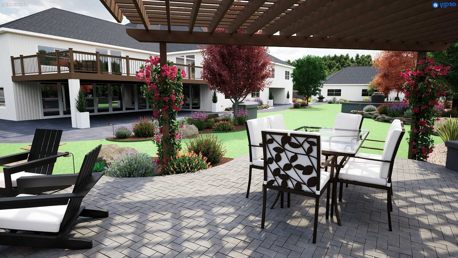 Pleasanton backyard design concept with low-maintenance landscaping and large outdoor living areas. 
