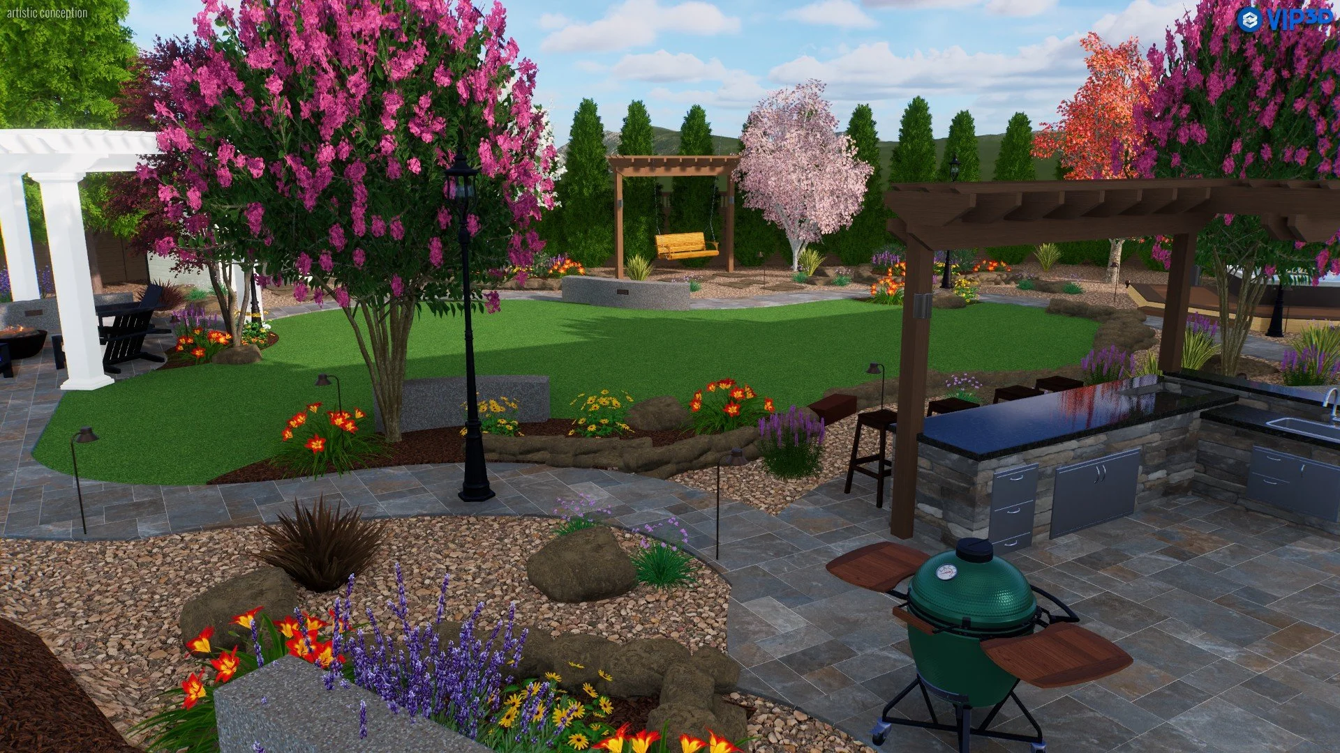 A detailed backyard garden with flowering trees, green grass, a stone patio, a swing under a wooden pergola, colorful flower beds, a bar area with barstools and a grill, and outdoor seating under a white pergola.