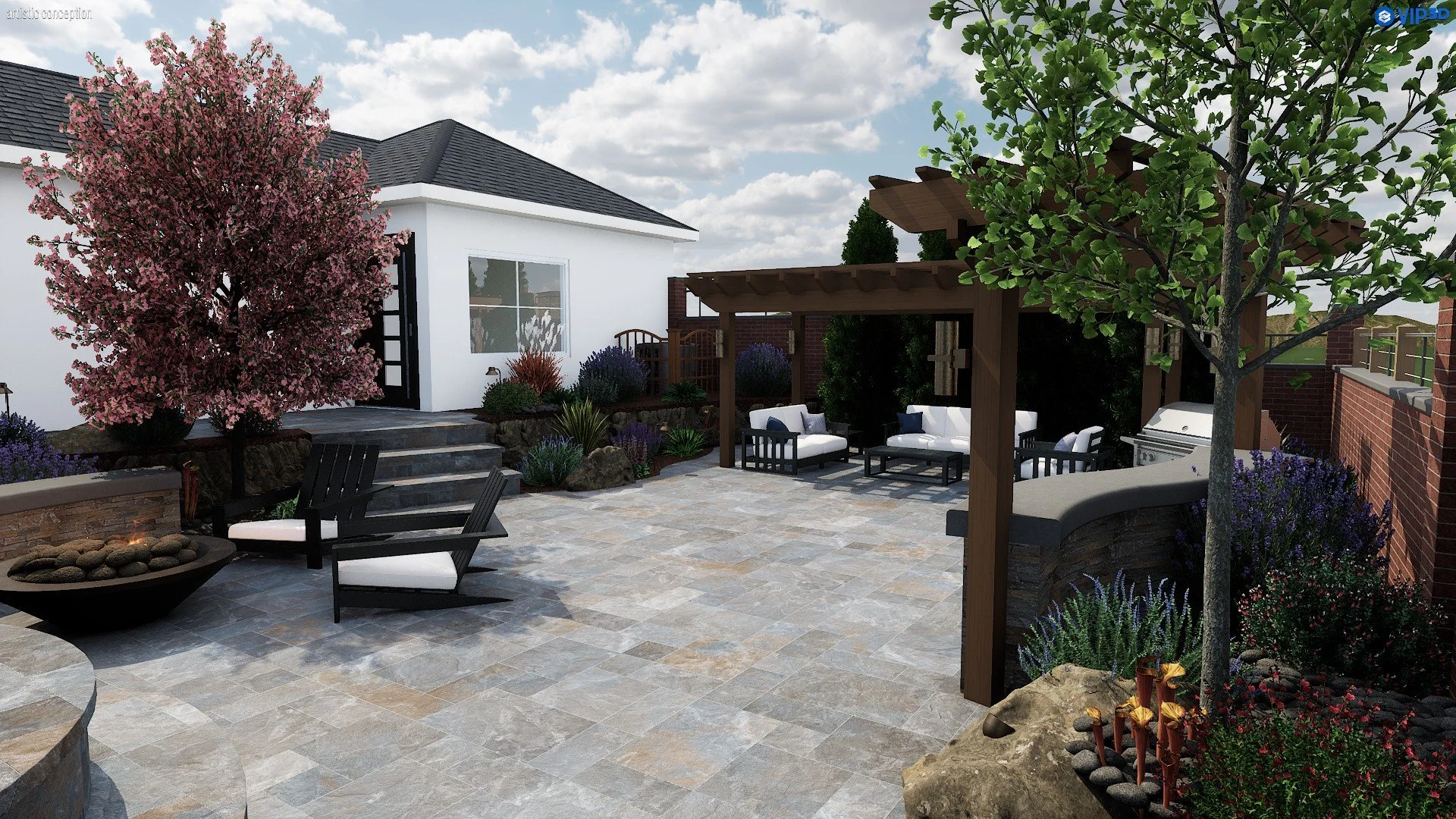 Outdoor entertaining design with patio dining, built-in grill, turf, and lighting. 
