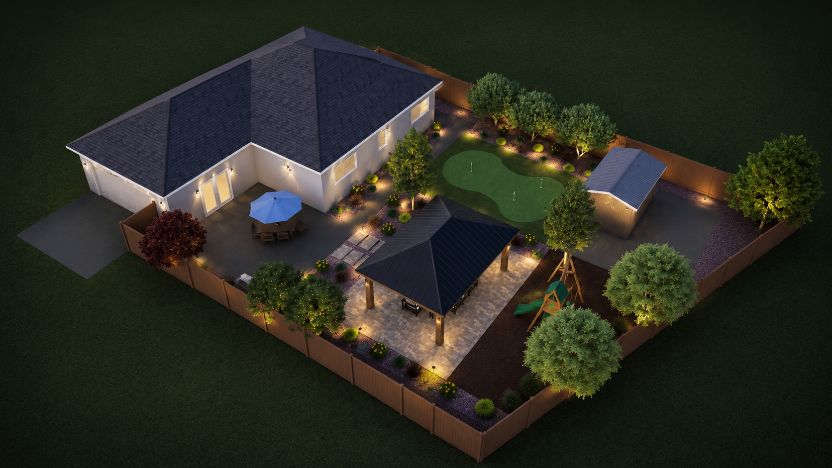 A well-lit backyard at night with a house, patio, gazebo, playground equipment, a small soccer field, and trees surrounded by a fence.