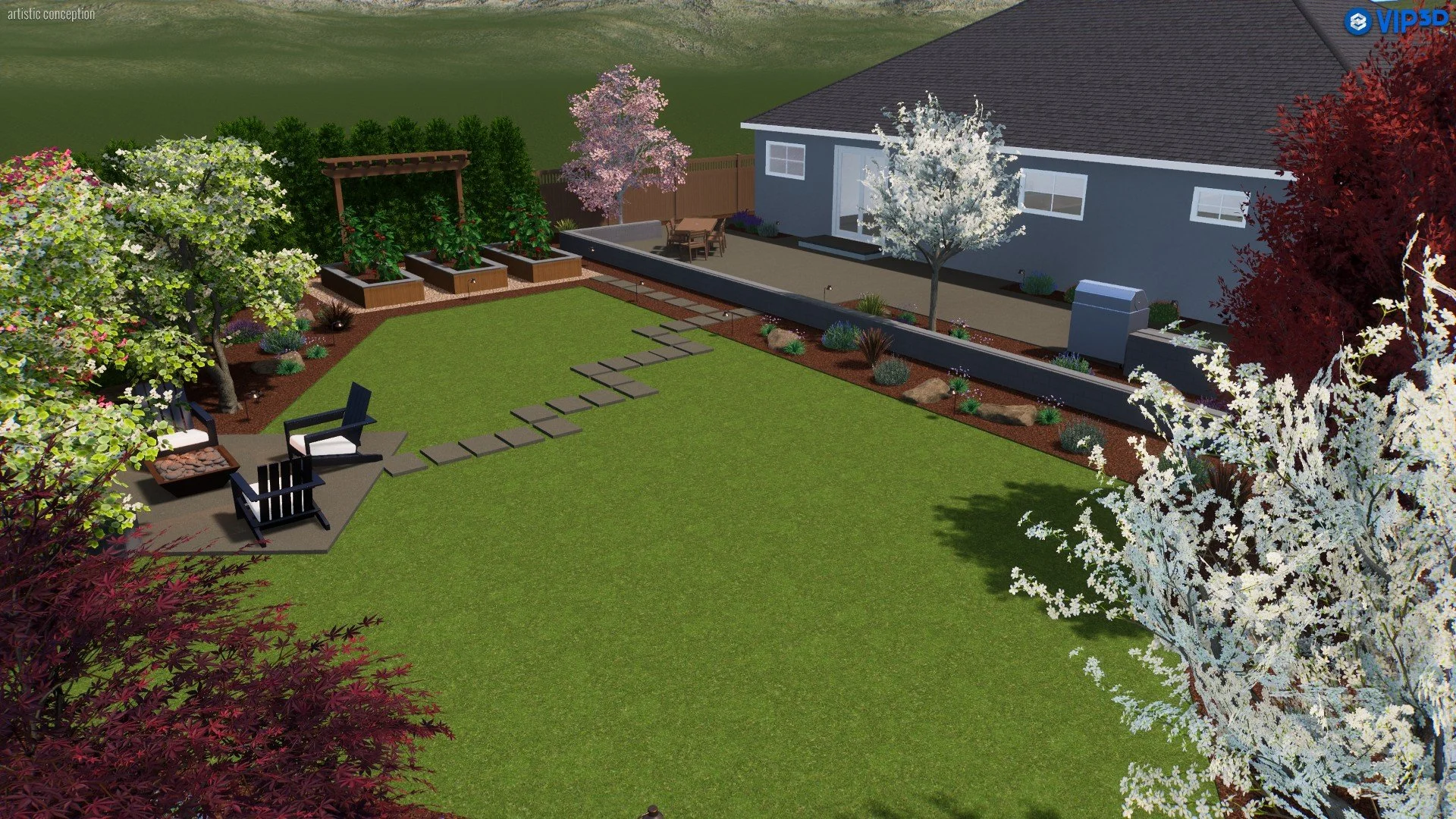 A landscaped backyard with a grassy lawn, stepping stones, a seating area with chairs and a fire pit, flower beds with blooming trees, and a house with a patio and garden beds.