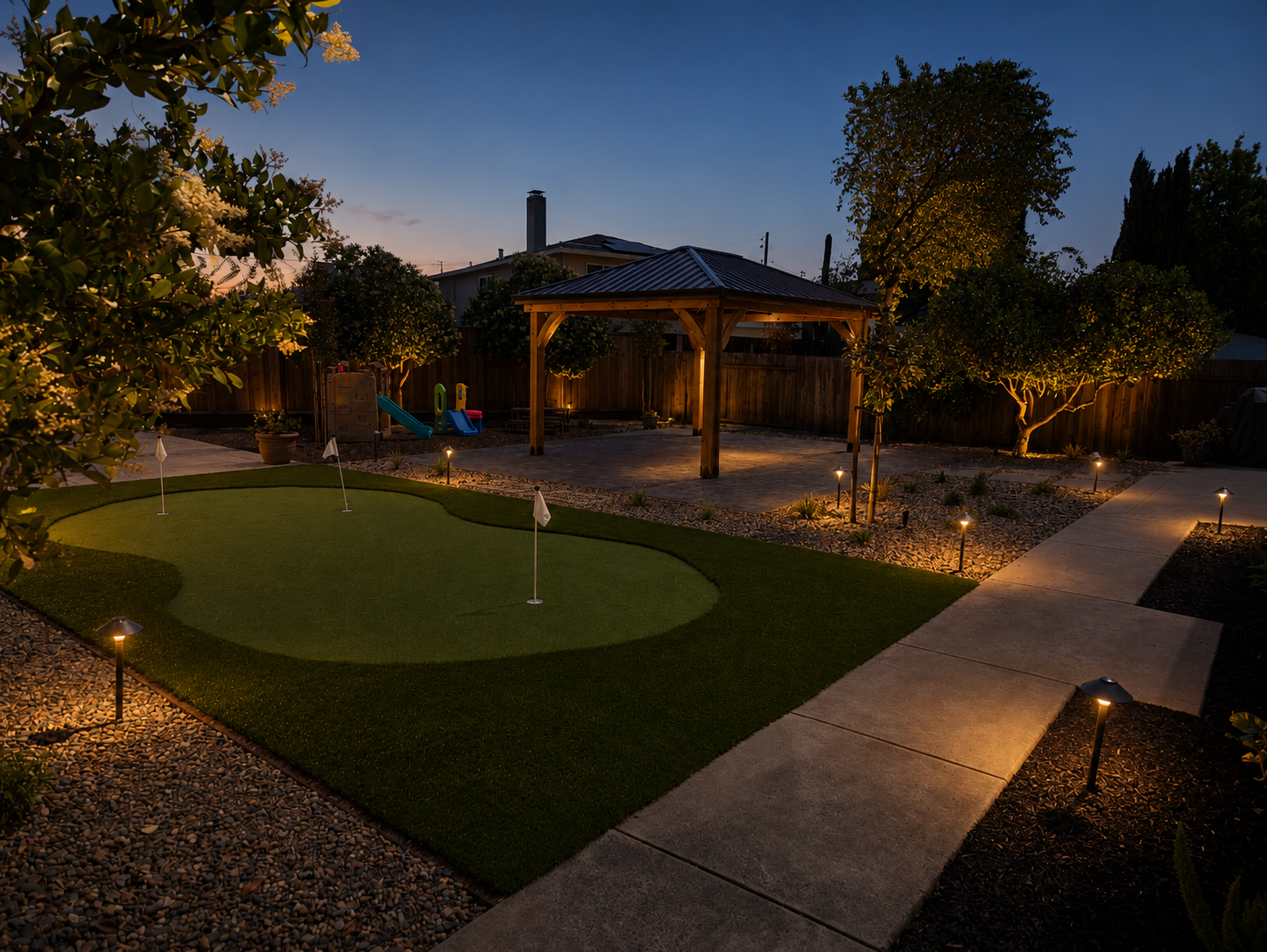 Nighttime backyard with lit pathway, small putting green with flags, wooden pavilion, trees, and children's slide in fenced yard.