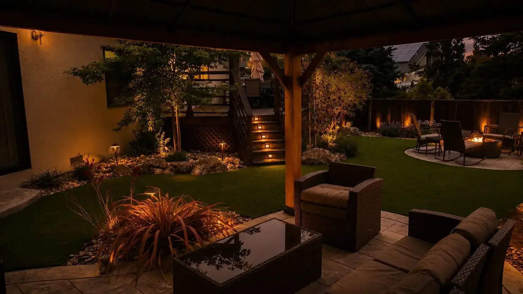 Backyard patio with wood pergola and outdoor lounge seating in Pleasanton, CA