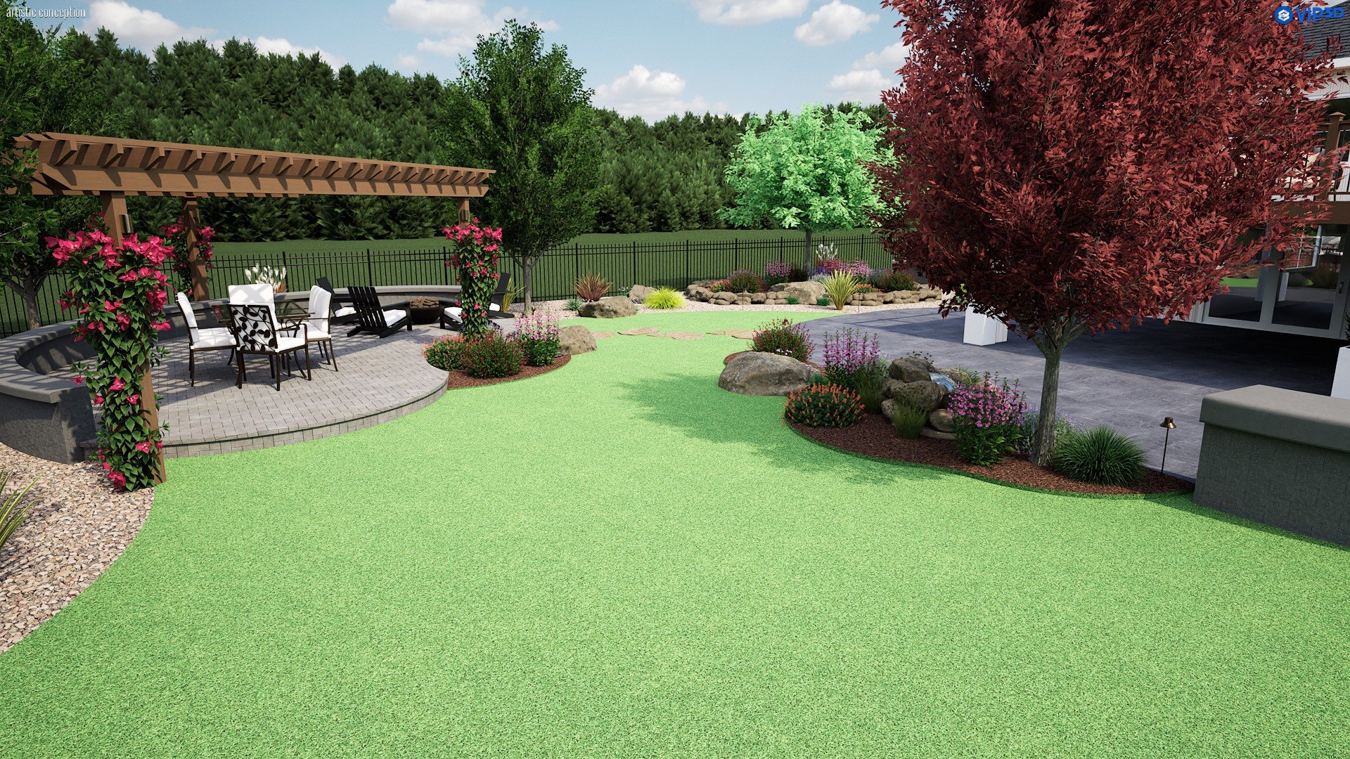 Large backyard design in Pleasanton, CA with curved walkways, decorative rock, and outdoor living area