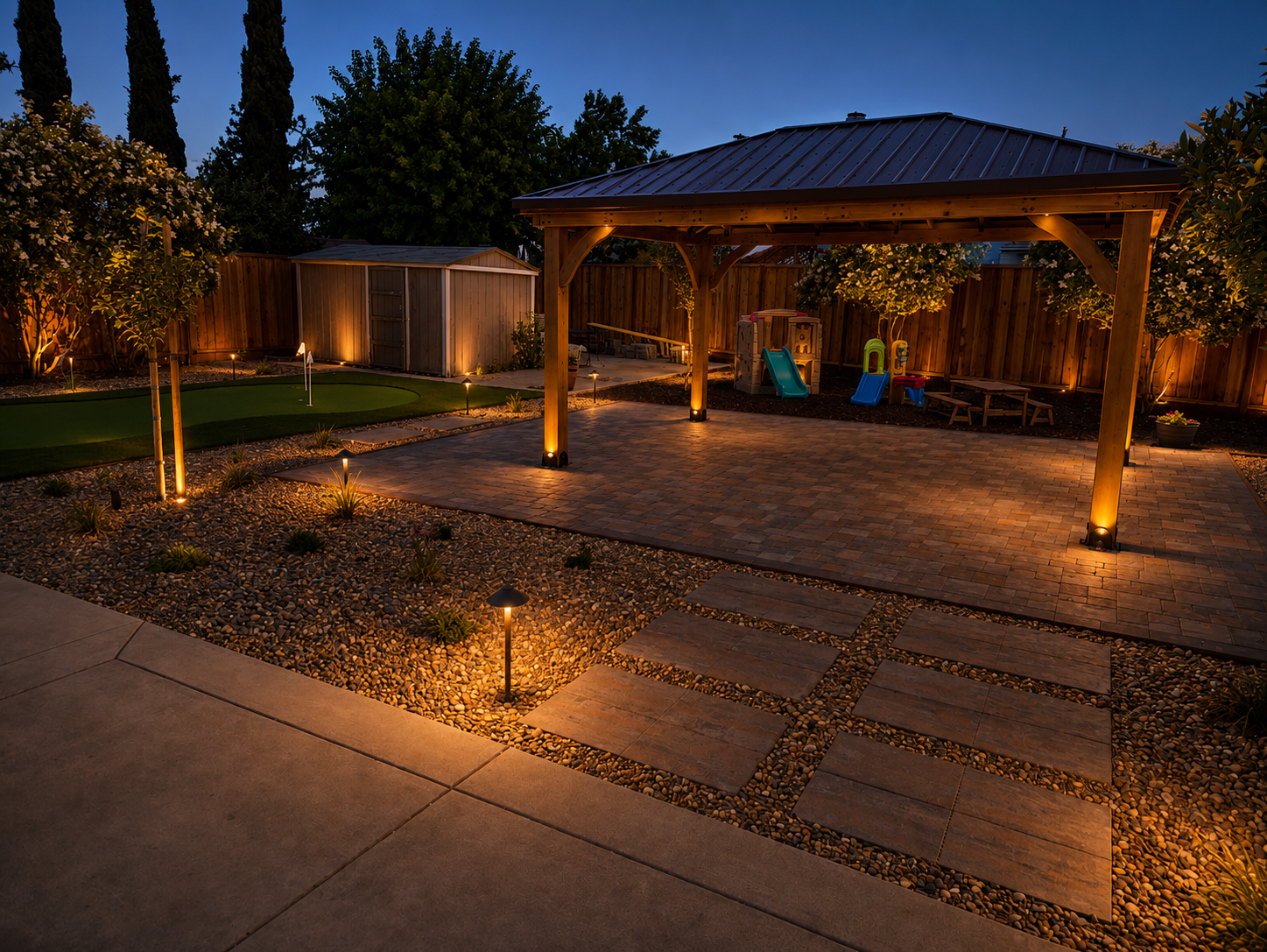 A backyard at dusk featuring a covered patio area with lighting, a small putting green, a shed, and children's playset with slides and picnic table, all enclosed by a wooden fence.