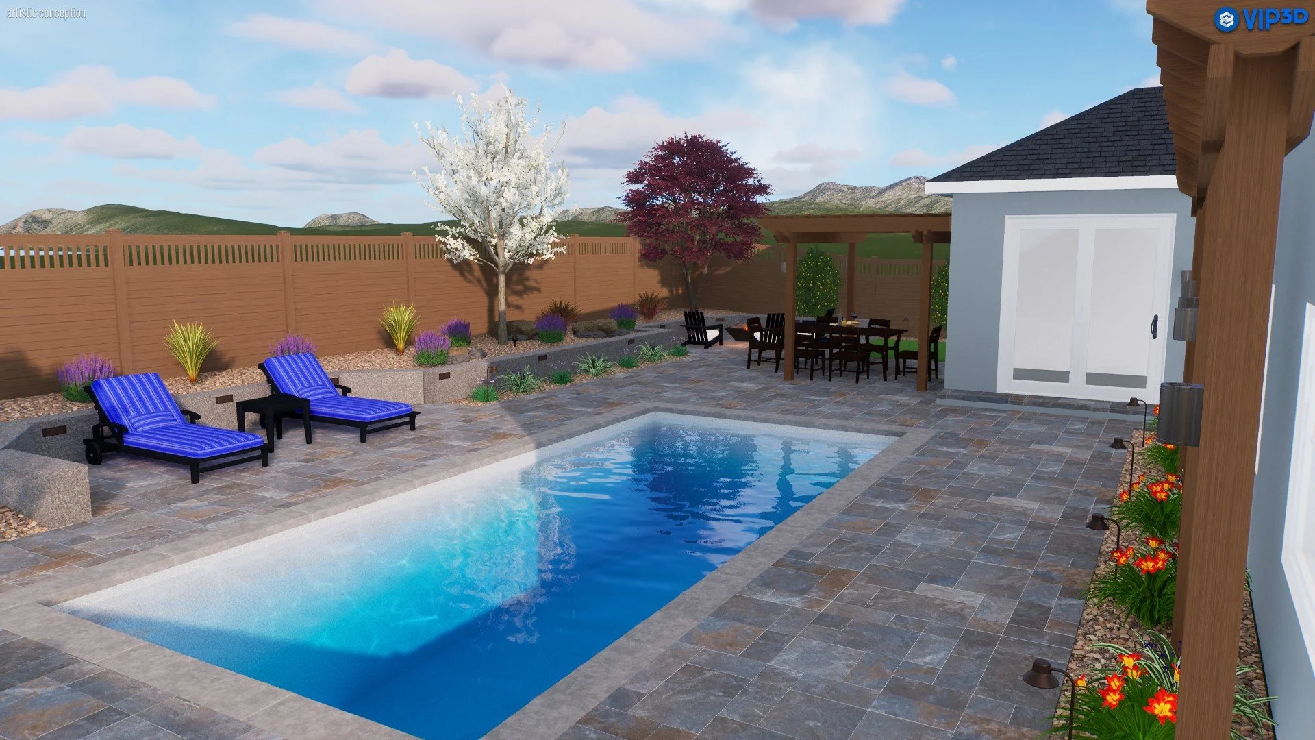 Backyard with rectangular swimming pool, blue lounge chairs, a flower bed with purple and yellow plants, a wooden fence, two trees, a shaded patio with outdoor dining furniture, and a house with a door and exterior lights, mountains in the background