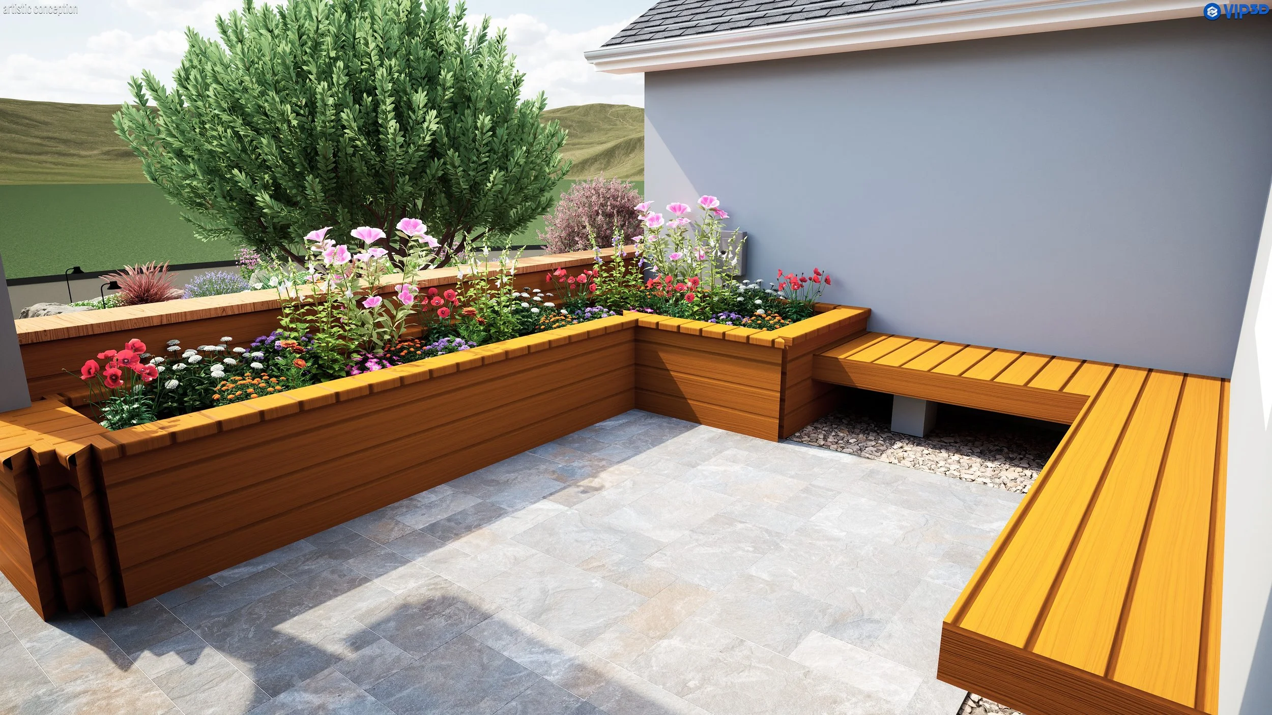 A modern outdoor patio with wooden built-in benches, a flower bed filled with colorful flowers, a large green shrub, and a light blue exterior wall of a house, with a background of green hills and a cloudy sky.
