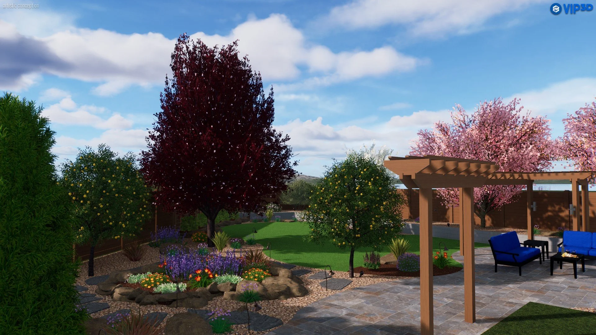 A landscaped backyard garden with colorful flowering trees including pink cherry blossoms, yellow flowering trees, and purple flowers, a lush green lawn, a stone patio with outdoor furniture, and a wooden pergola under a partly cloudy blue sky.