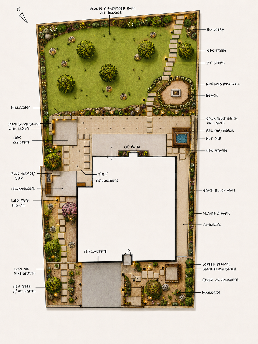 Landscape layout plan of a backyard featuring trees, shrubs, and garden beds, with outdoor seating, pathways, pavers, boulders, a hot tub, fire pit, and decorative lighting.
