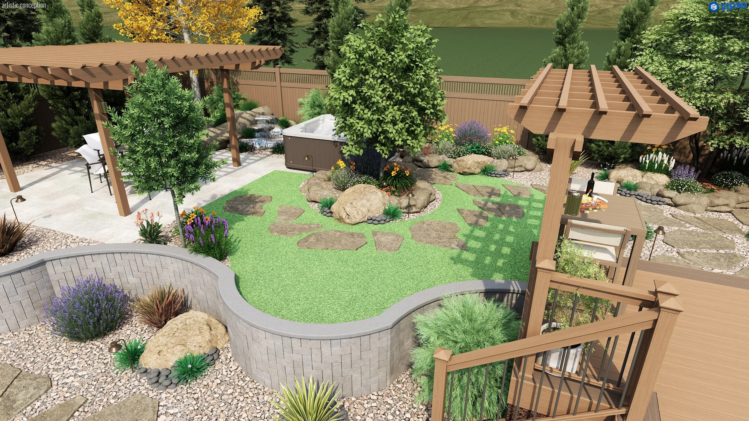 A landscaped backyard with a wooden pergola-covered patio, a hot tub, a small table with chairs, a stone pathway, large rocks, lush green trees, colorful flowers, a brick retaining wall, and grassy areas surrounded by a wooden fence.