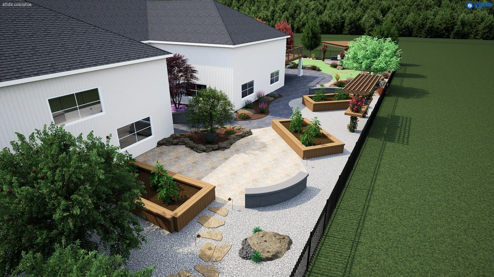 3D landscape rendering showing a spacious estate yard with patio areas, raised planters, and synthetic turf.
