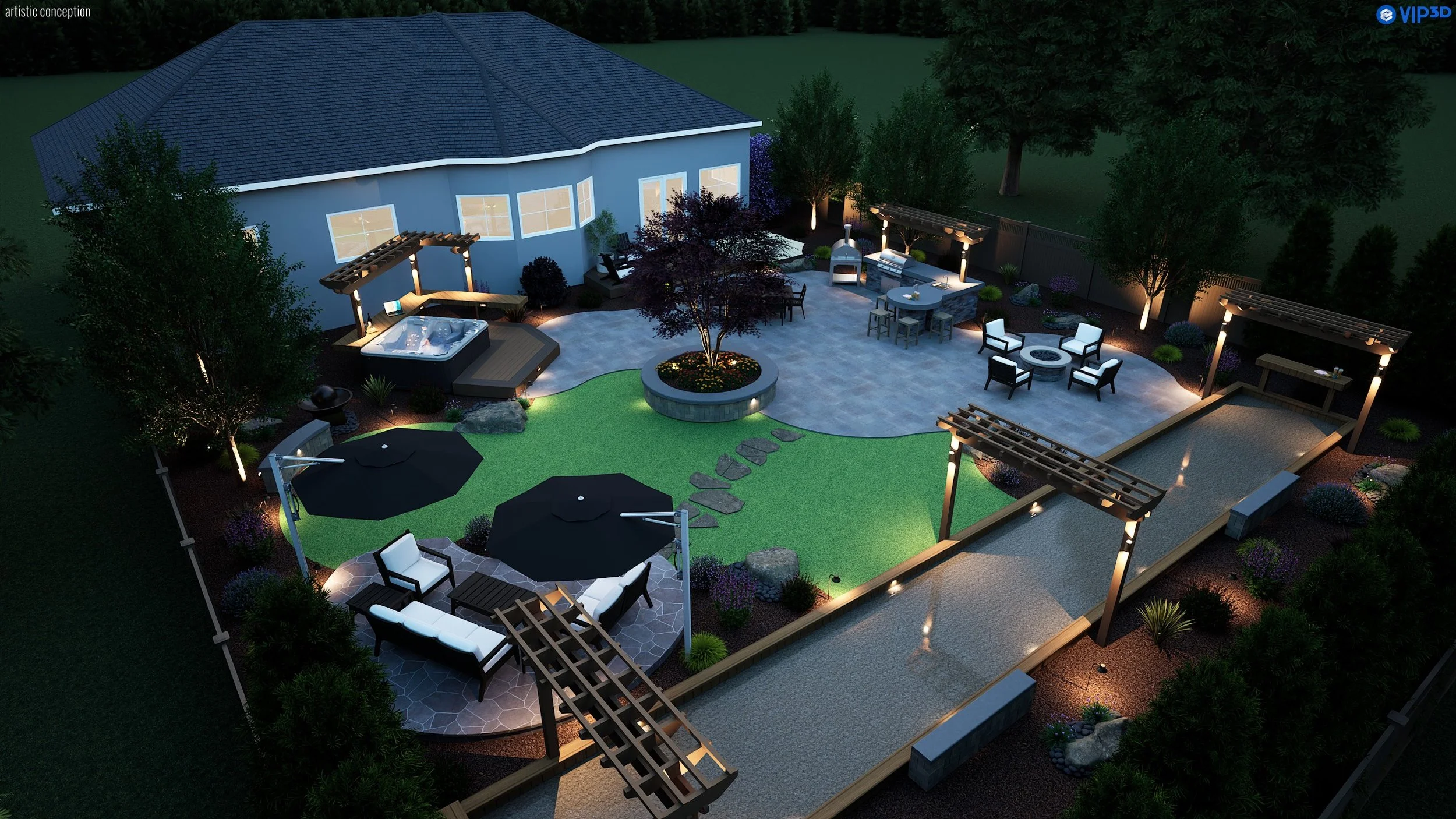 3D landscape rendering showing a rustic backyard patio, outdoor dining area, and landscape lighting. 