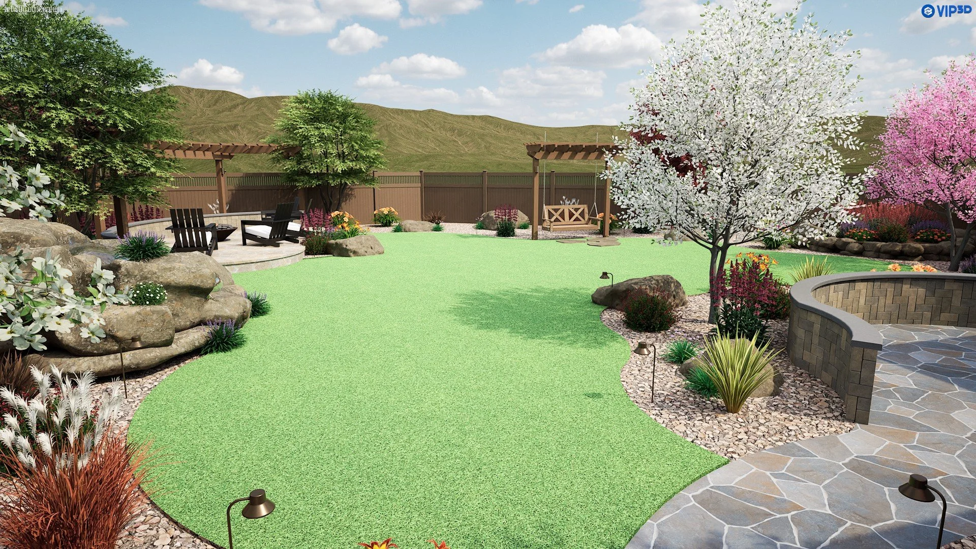 Large backyard 3D design with pergola, stone patio, planting, and outdoor living space