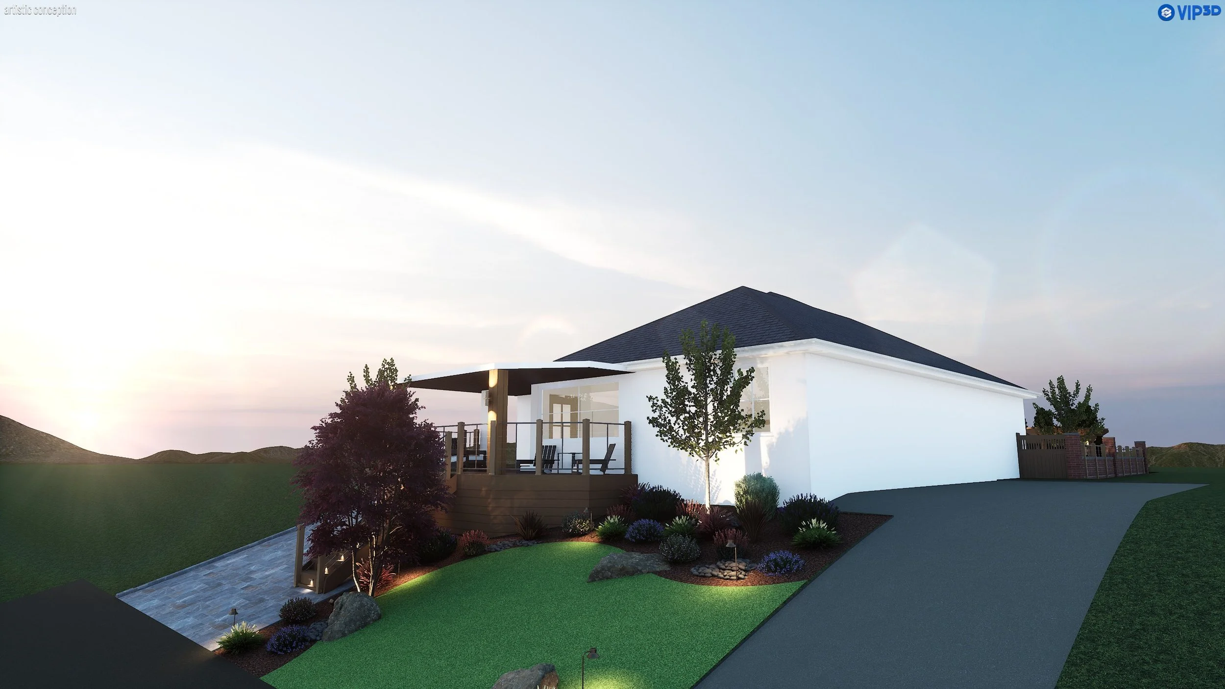 A modern white house with a dark shingle roof, large windows, a balcony, surrounded by a landscaped yard with trees, bushes, and flower beds, during dusk with a clear sky.