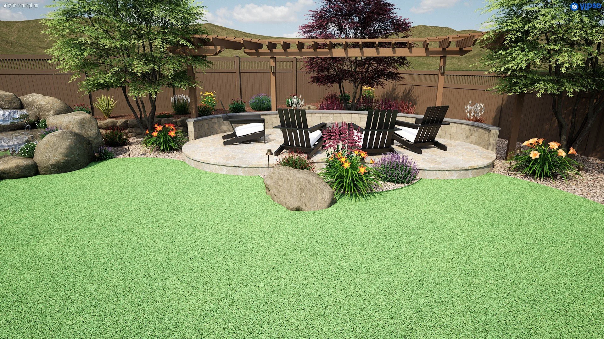 3D outdoor living design with fire pit seating, patio space, pergola, and modern landscape layout. 