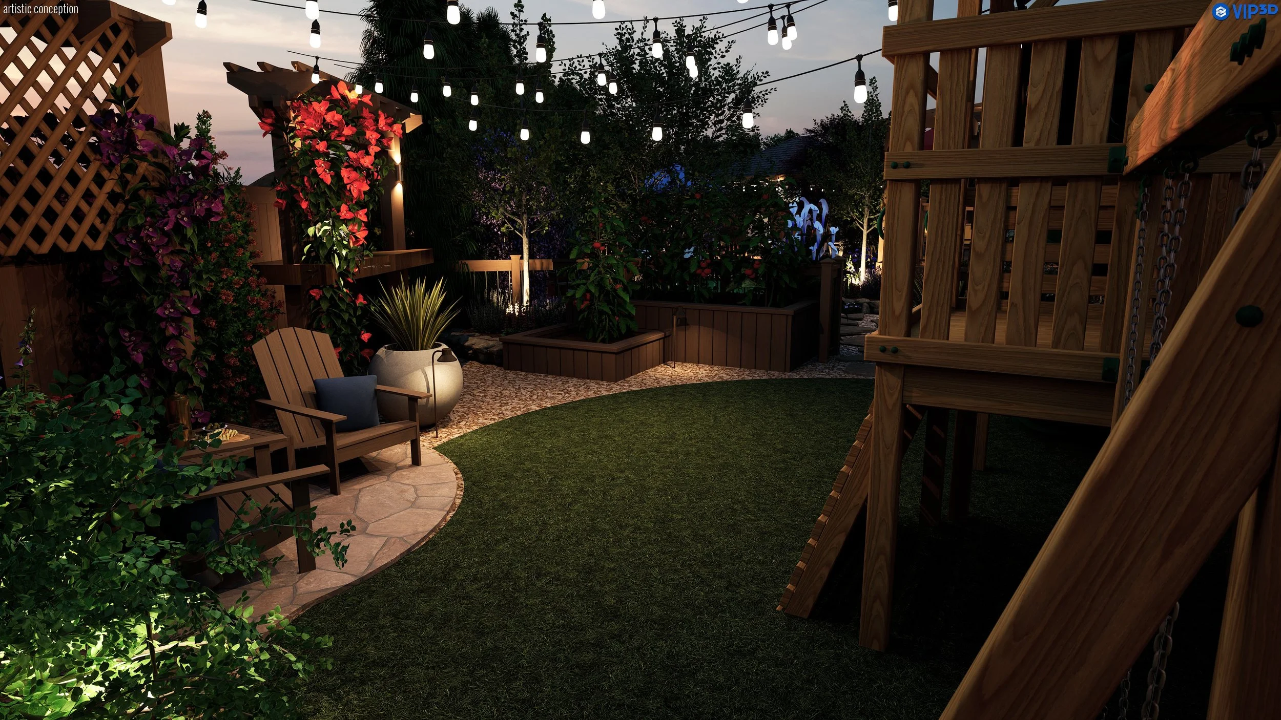 Cozy backyard with string lights, wooden playset, lush plants, a stone pathway, a wooden bench with pillow, and illuminated trees at dusk.