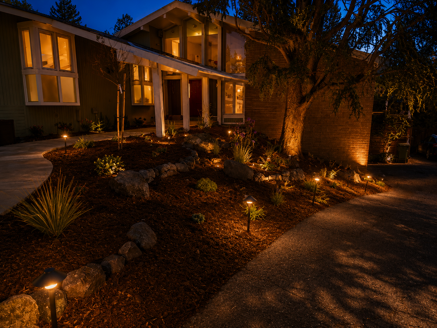 Nighttime view of a residential house with landscape lighting highlighting a garden with rocks, plants, and a large tree in front of a brick wall.