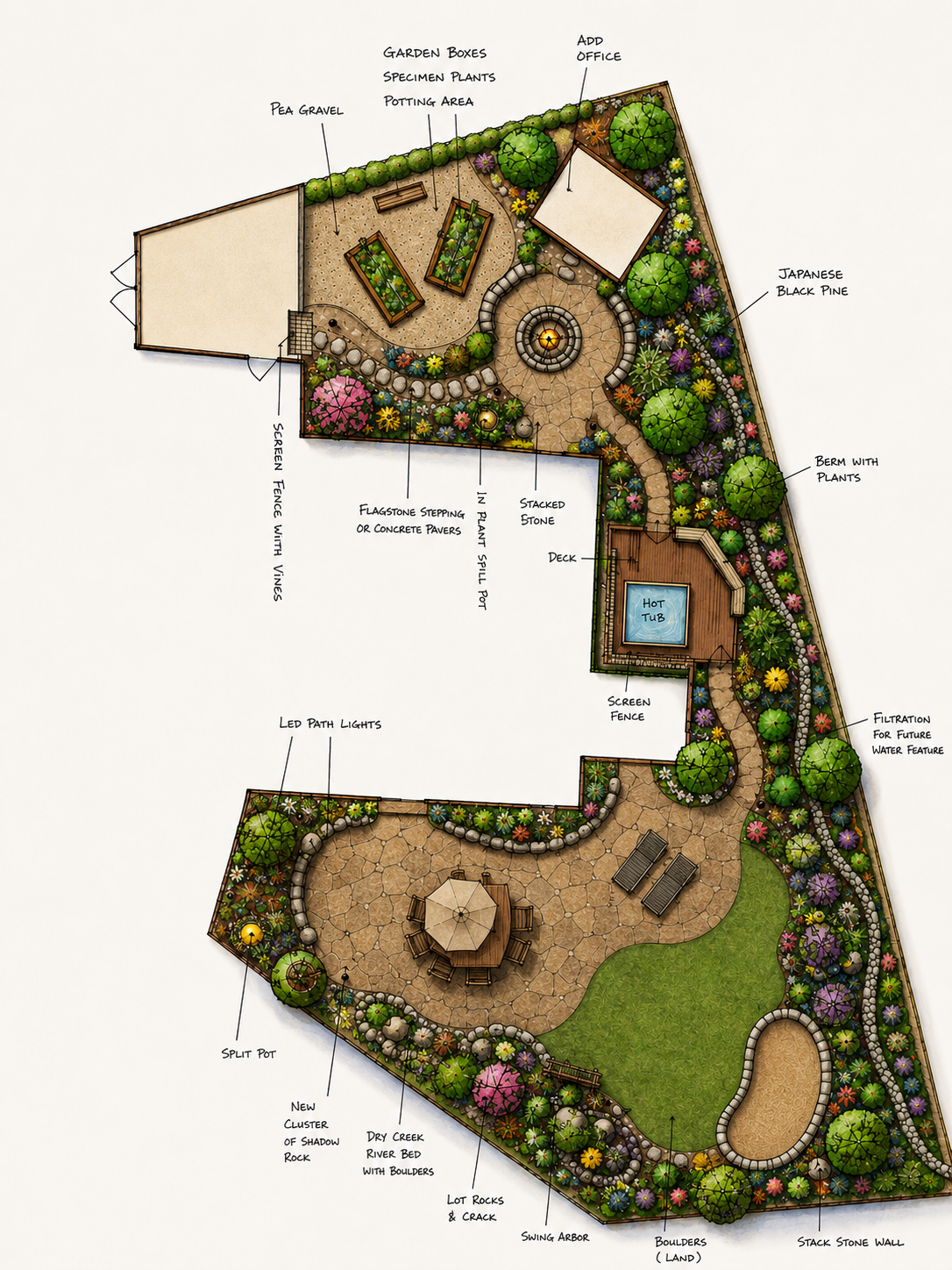 A detailed landscape garden plan featuring various zones and plants, including a deck with hot tub, a lawn area with lounge chairs, a patio with a dining table, and plant beds with Japanese black pine, berm with plants, and filtration for future wate
