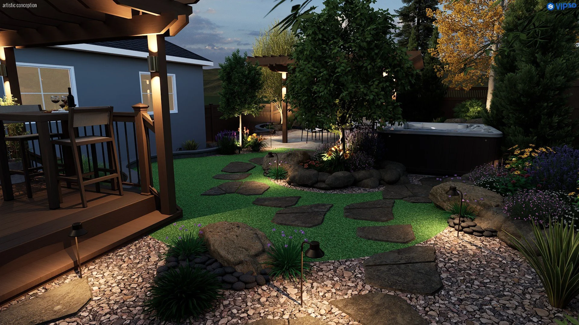 Nighttime 3D landscape rendering with outdoor lighting, patio seating, turf, and drought-tolerant planting. 