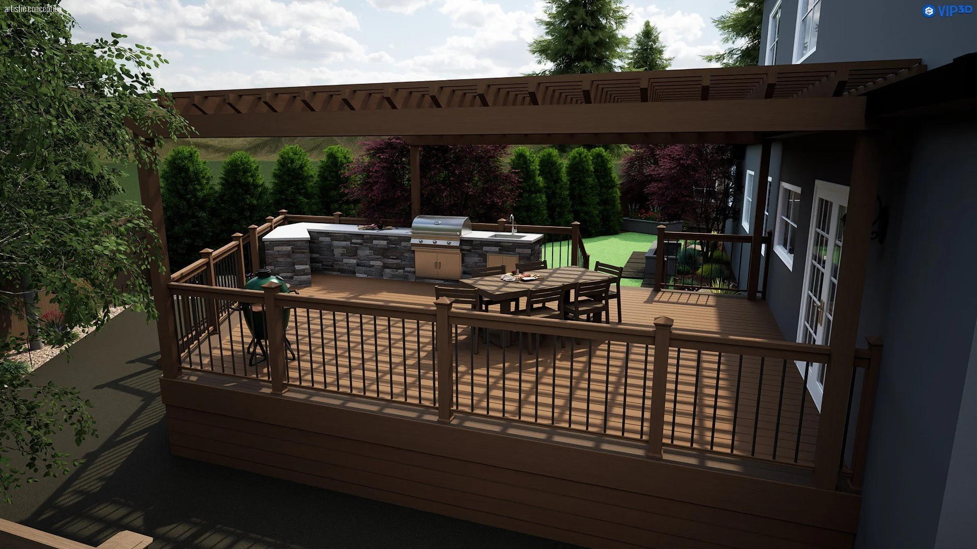 Castro Valley backyard 3D design with synthetic turf, wood deck, and planting