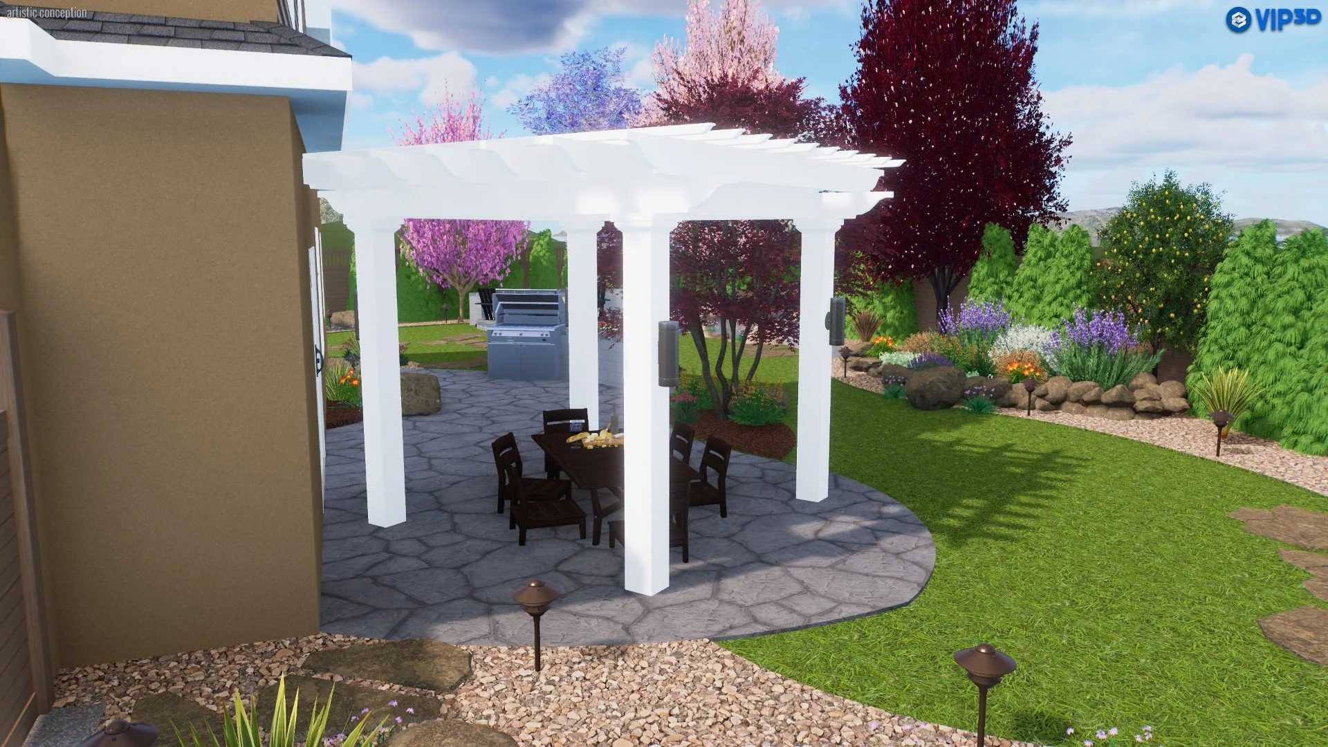 A backyard with a white pergola covering an outdoor dining table with eight chairs, surrounded by colorful flowering trees, bushes, and rocks, with a stone pathway and landscape lighting.