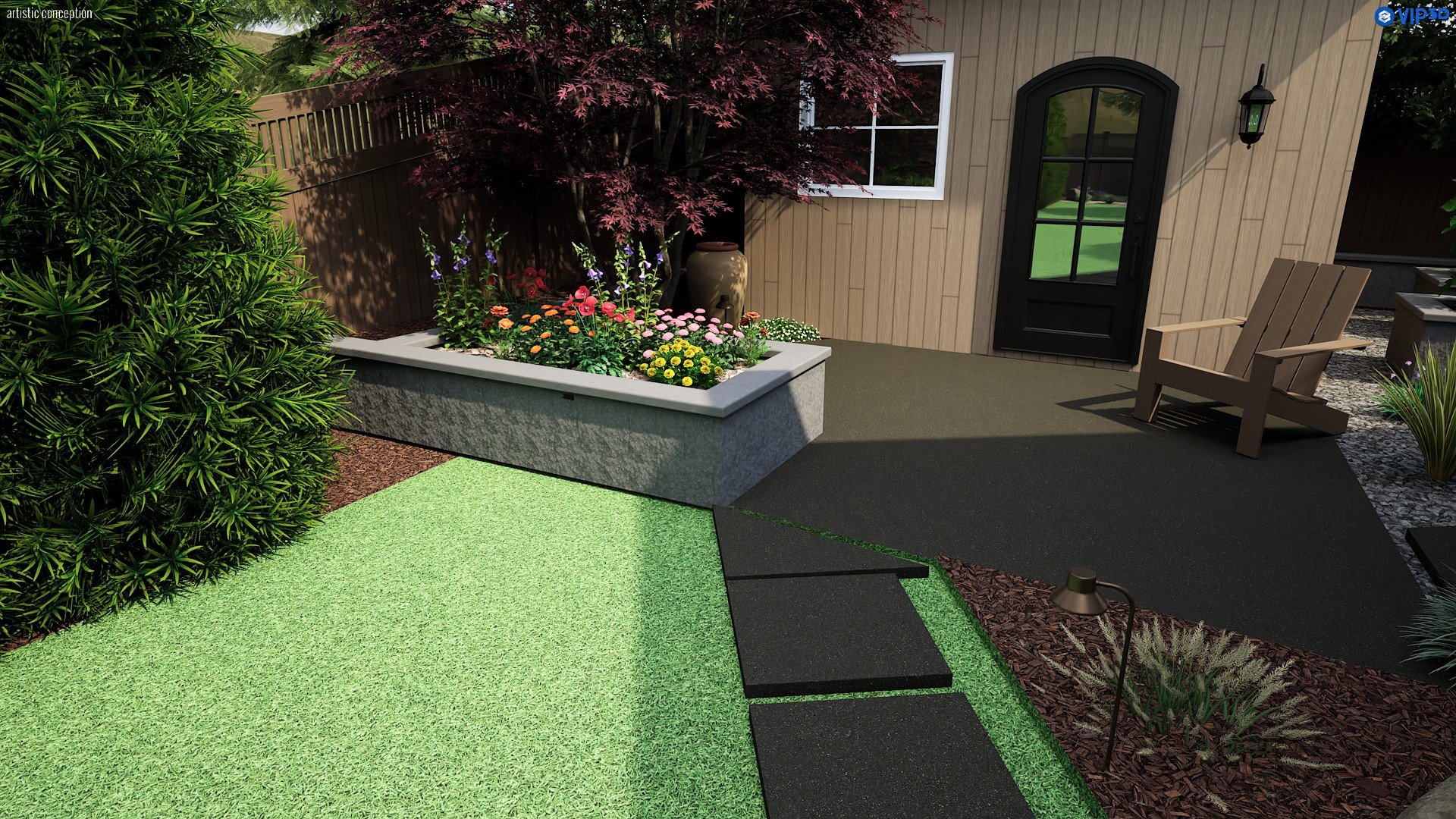 A backyard patio with a colorful flower garden, a black door with a window, a wall lantern, Adirondack chair, gravel edging, and a small lamp, surrounded by trees and bushes.