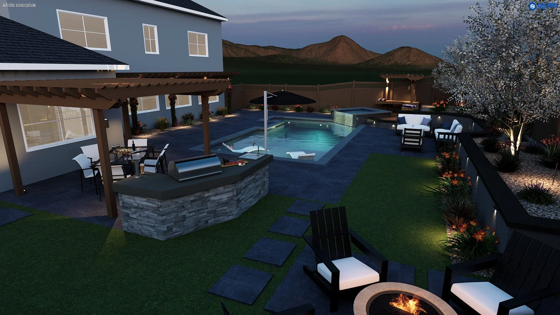 Night time pool design rendering with outdoor lighting, patio furniture, and backyard entertaining space. 