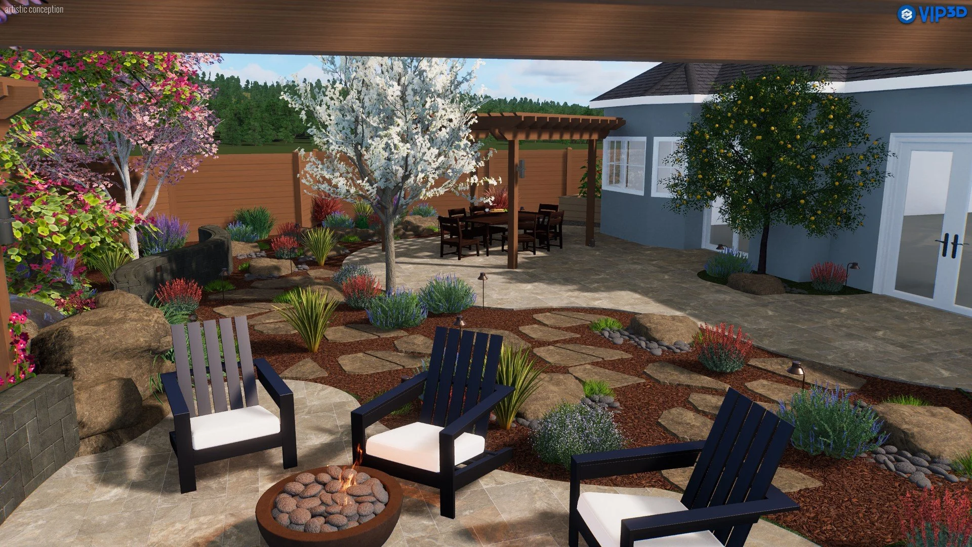 Backyard patio with large rocks, blooming trees, and various plants. Central area has a stone pathway, outdoor seating with chairs around a fire pit, and a shaded dining area with a pergola. The house has blue walls and white trim.