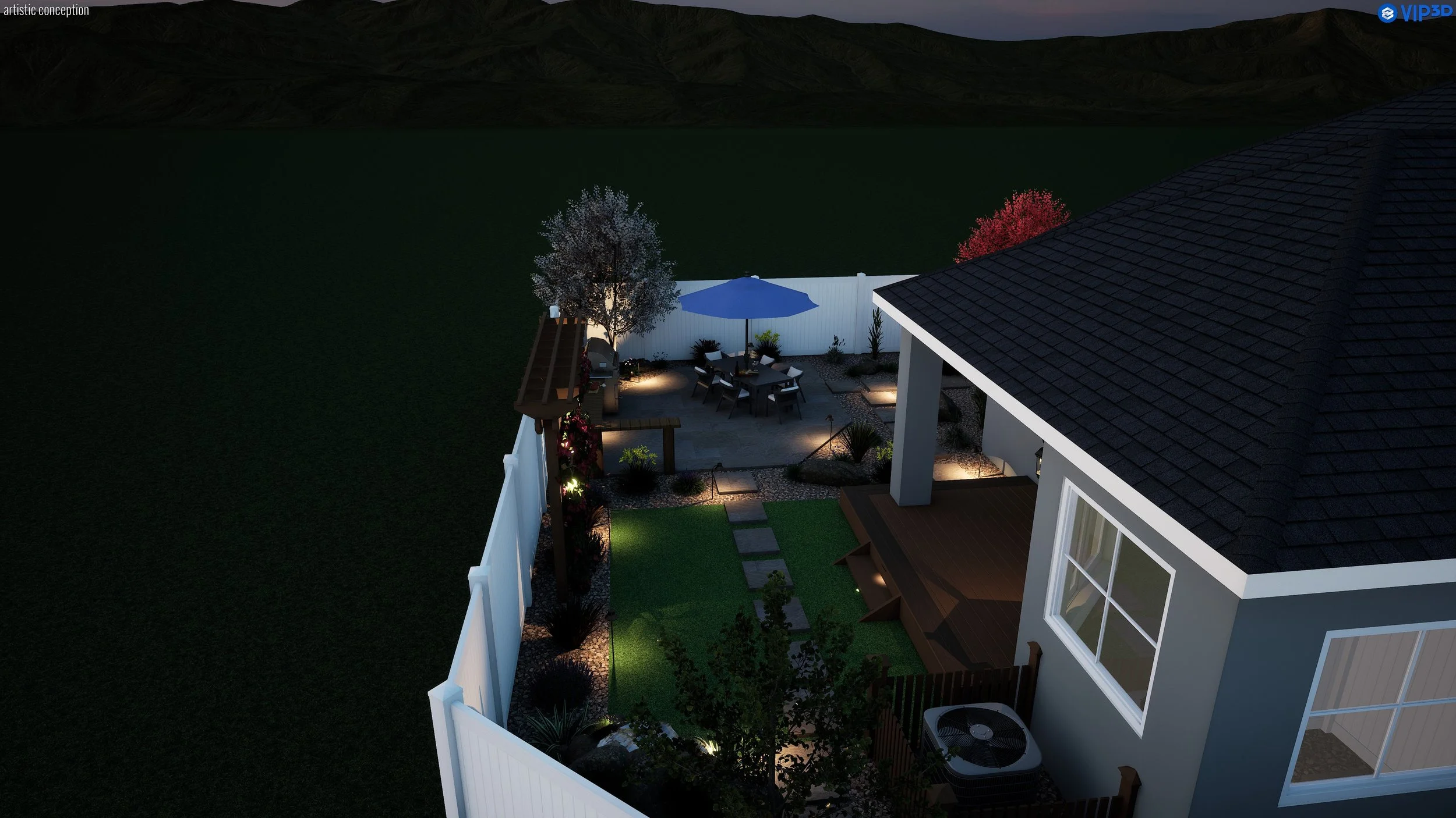Nighttime view of a backyard patio with outdoor dining furniture, a blue umbrella, trees, landscaped garden, and decorative lighting, with a house on one side and a mountain range in the background.
